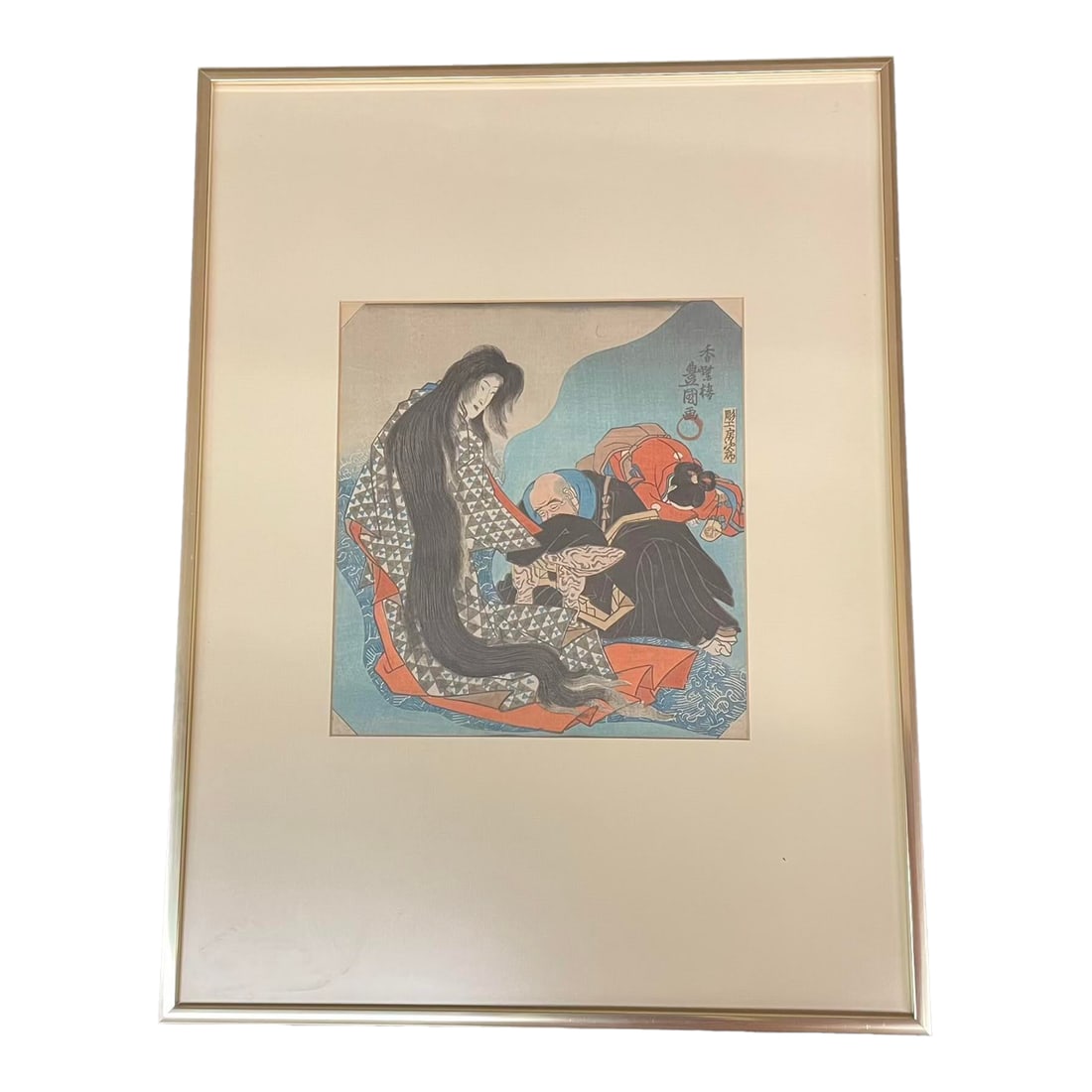 Framed Japanese Ukiyo-E Woodblock Print by Utagawa Toyokuni III (Kunisada): A haunting and emotionally resonant Japanese woodblock print by Utagawa Toyokuni III, also known as Kunisada, one of the most prolific and celebrated artists of the Utagawa school. Likely produced bet