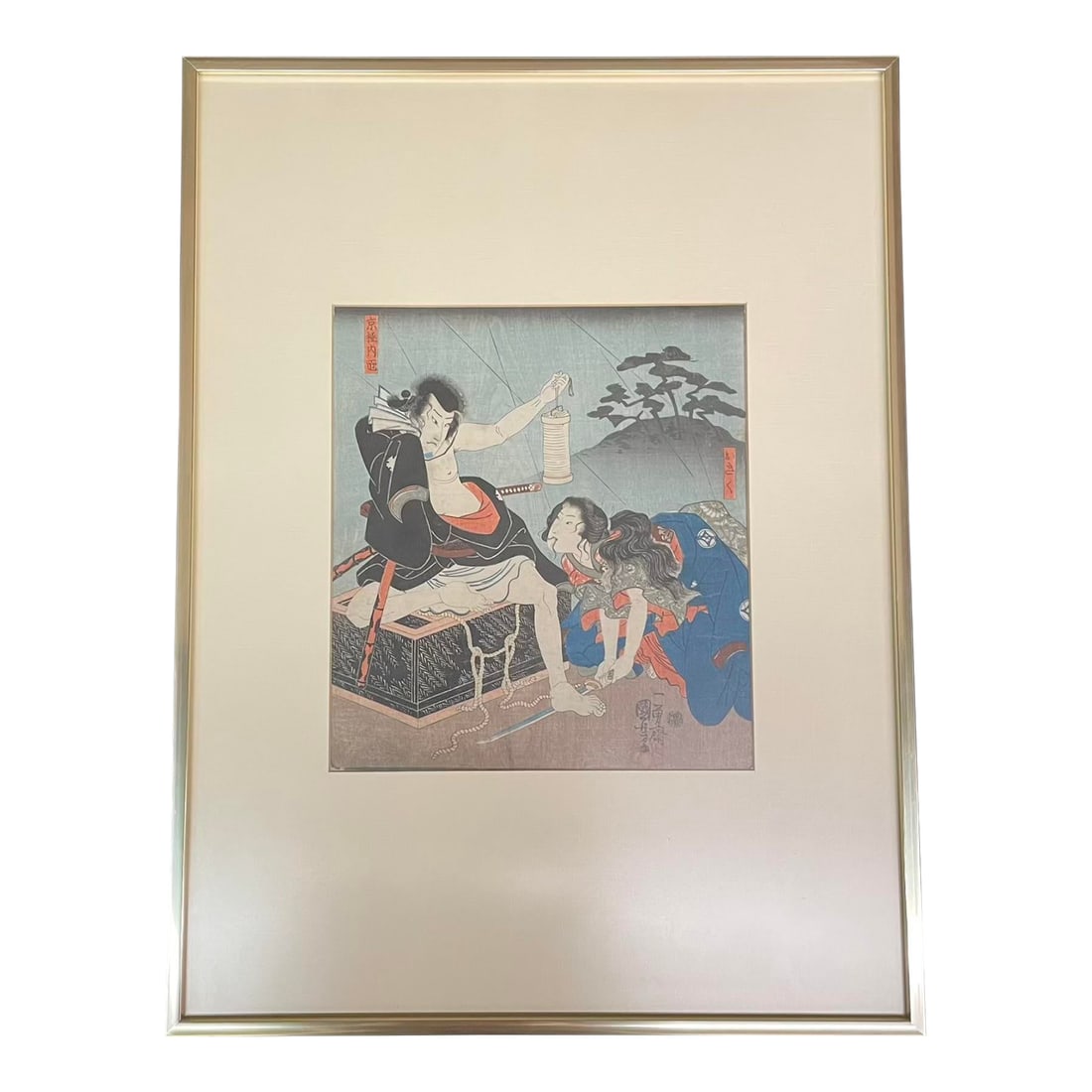 Framed Japanese Woodblock Print by Utagawa Toyokuni III (Kunisada), Ca. 1844–1860s: A compelling original ukiyo-e woodblock print by Utagawa Toyokuni III (also known as Kunisada), one of the most celebrated artists of the Edo period and a master of kabuki portraiture. This dramatic n