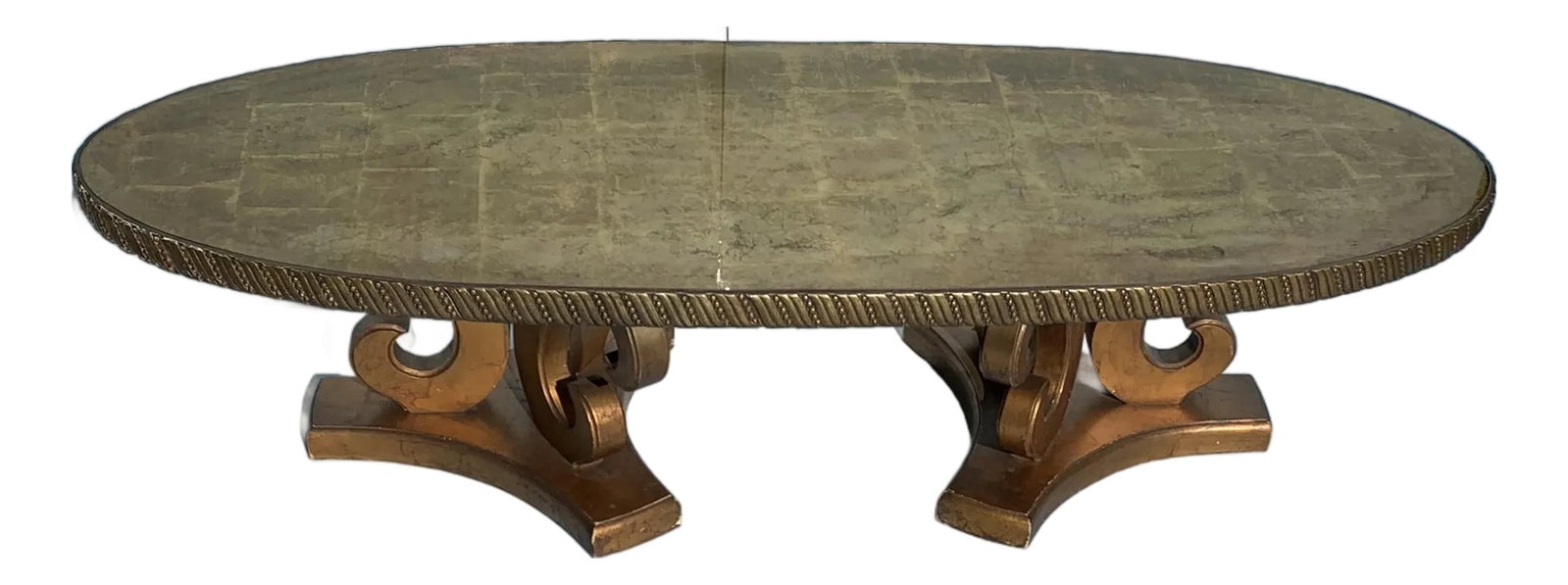 1960s Wood Oval Gold Leaf Coffee Table With PlexiGlass Top: 1960s Vintage oval wood coffee table. Painted with gold and gold leafed top covered with plexiglass and carved detail edge. Condition: Alterations: Original Condition Unaltered Imperfections: Some Imp
