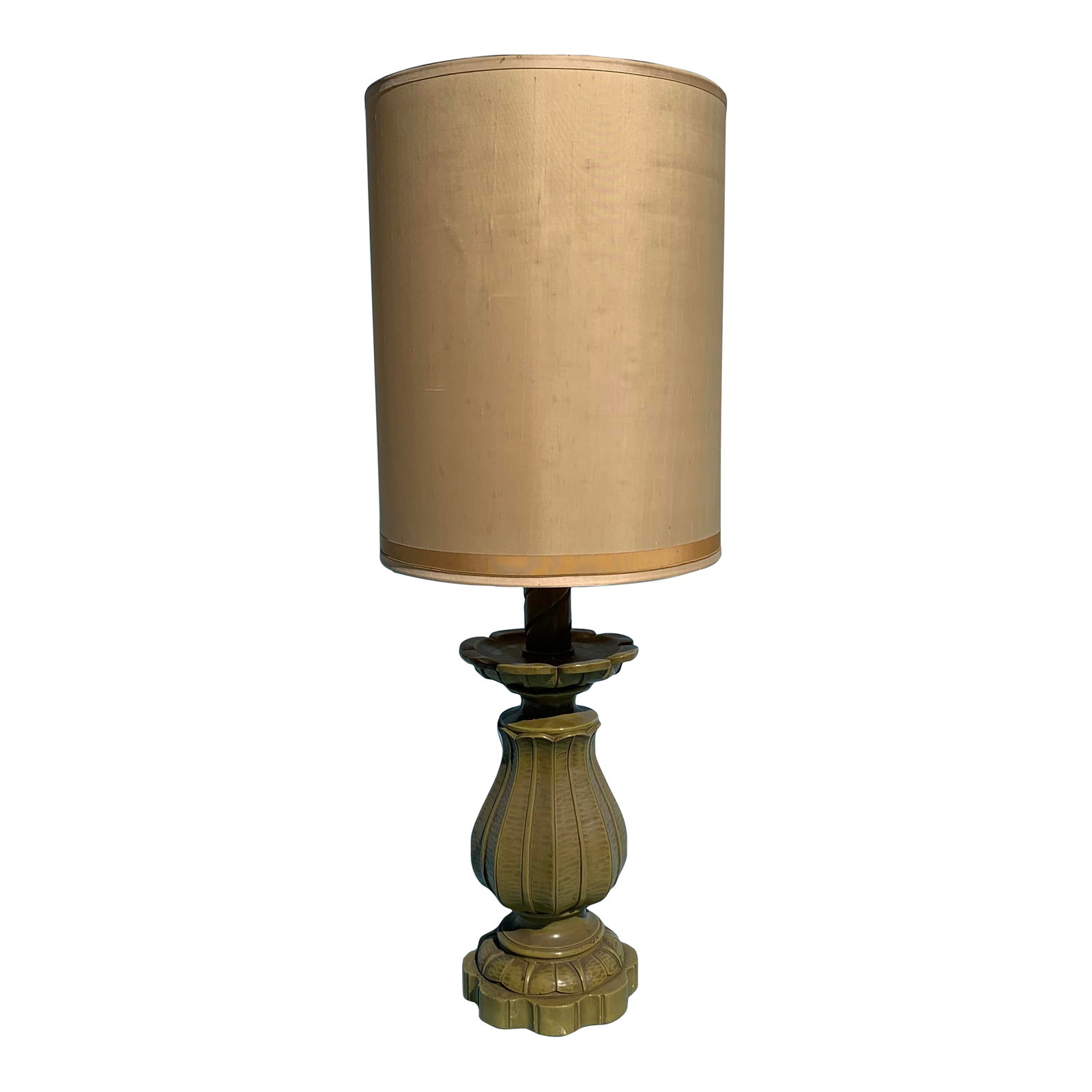 1960s Plaster Gold "Lotus Flower Shaped" Table Lamp With Silk Drum Shade: Mid century plaster lamp in the shape of the lotus flower, painted gold with silk drum shade. Lamp Shade Dimensions: 17" Dia x 22" H Condition: Alterations: Original Condition Unaltered Imperfections: