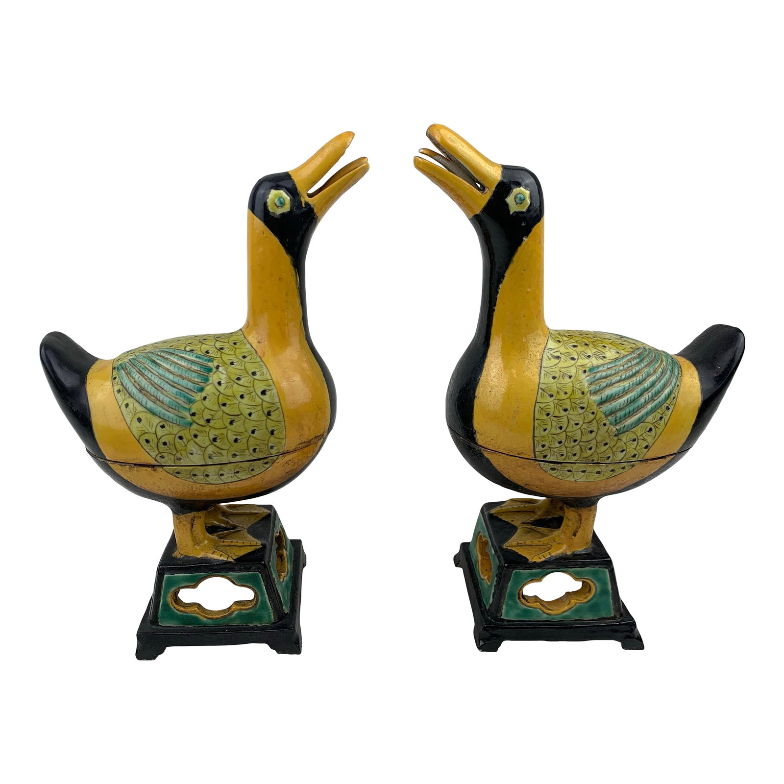 Vintage Artisan Clay Duck Urns, Set of 2: This charming pair of artisan clay duck urns with rustic hand-formed and painted detail and a warm, earthy finish. Their whimsical yet elegant design makes them perfect accents for both farmhouse-insp