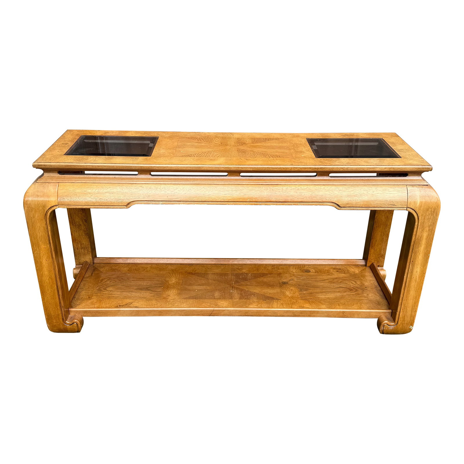 Burlwood and Smoked Glass Couch/Trestle Table Attributed to Schnadig Intl and James Mont: Stunning chinoiserie chow leg Ming style sofa table with two beveled smoke glass inserts and burl wood inlays! Those fantastic chow leg design details are expertly comprised of a gorgeous, stained oak