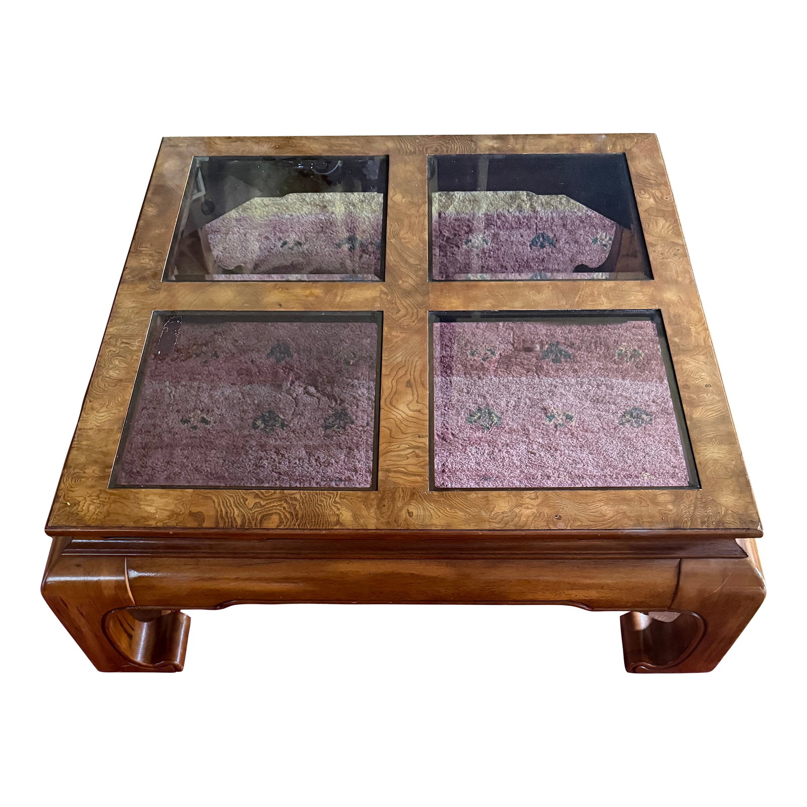 Classy Burlwood and Smoked Glass Square Coffee Table Attributed to Baker Furniture and James Mont: Stunning chinoiserie chow leg Ming style square coffee table with four beveled smoke glass inserts and burl wood inlays! Those fantastic chow leg design details are expertly comprised of a gorgeous, s