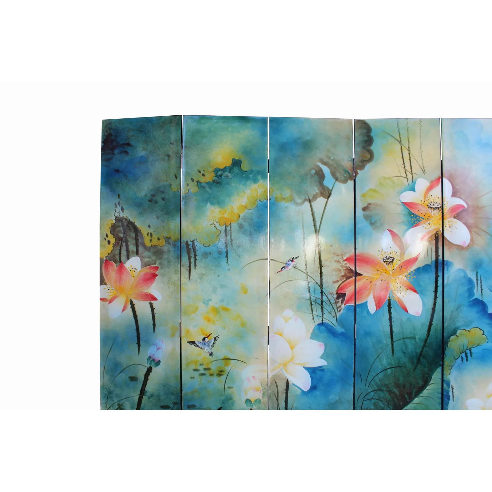 Water Ink Style Blue Lotus Pond Flower Birds Theme Graphic Screen - 6