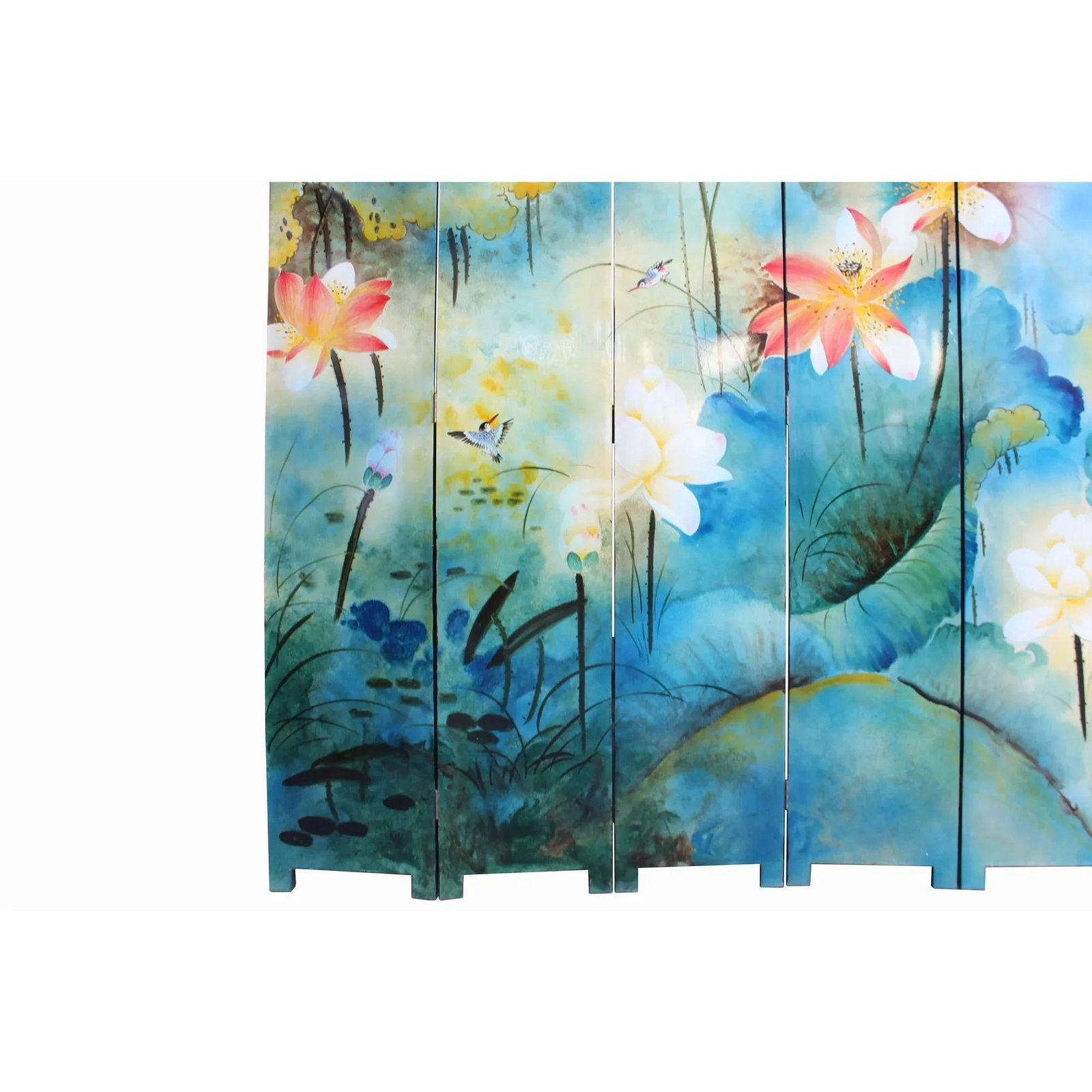 Water Ink Style Blue Lotus Pond Flower Birds Theme Graphic Screen - 7