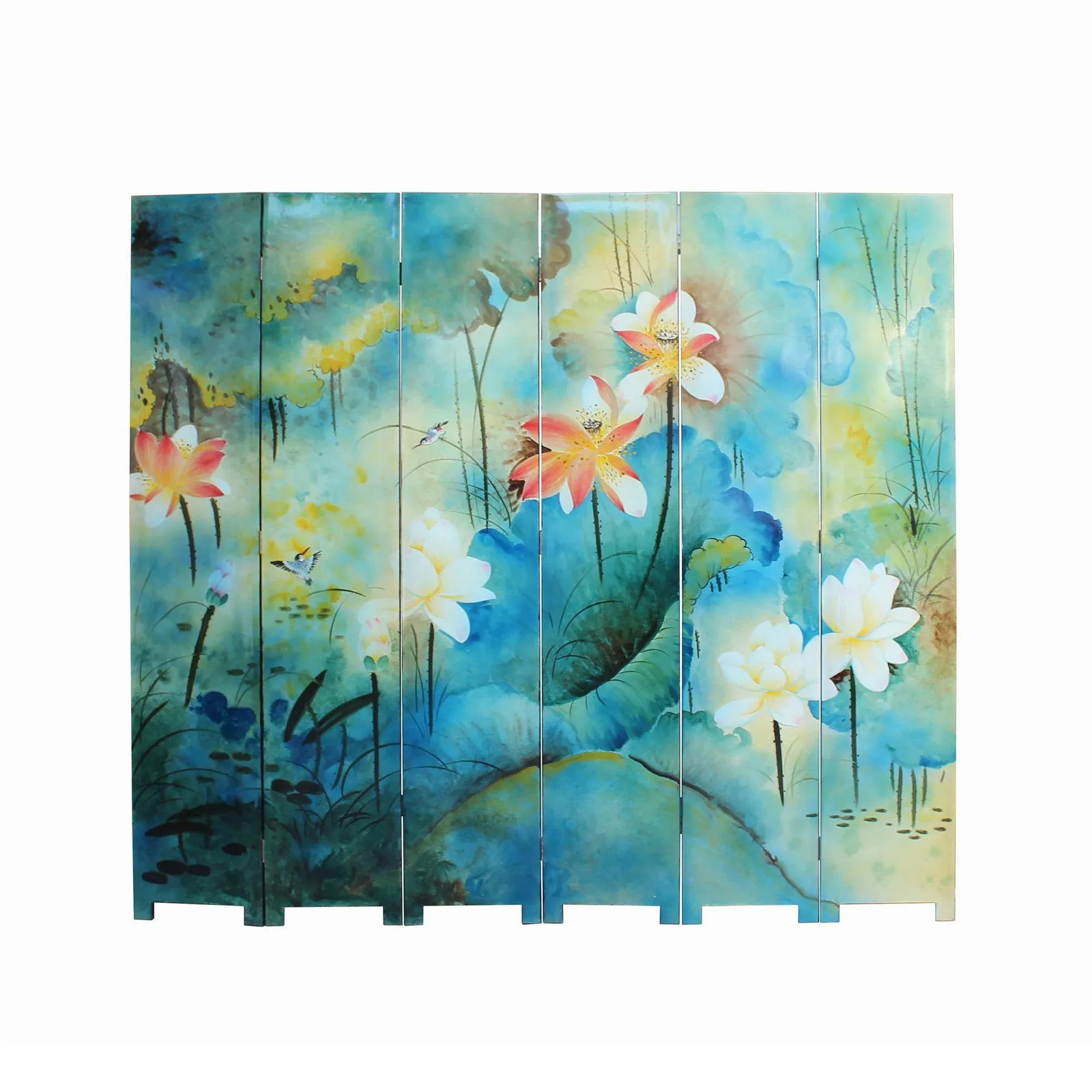 Water Ink Style Blue Lotus Pond Flower Birds Theme Graphic Screen - 9