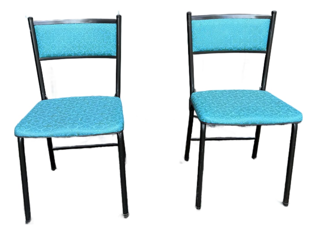 MCM Atomic Age Cosco Blue Flower Metal Folding Chairs - Set of 2: Fabulous folding pair of rare blue metal atomic age chairs made by Cosco Hamilton in the USA. Condition: Alterations: Original Condition Unaltered Imperfections: Some Imperfections Condition Notes: