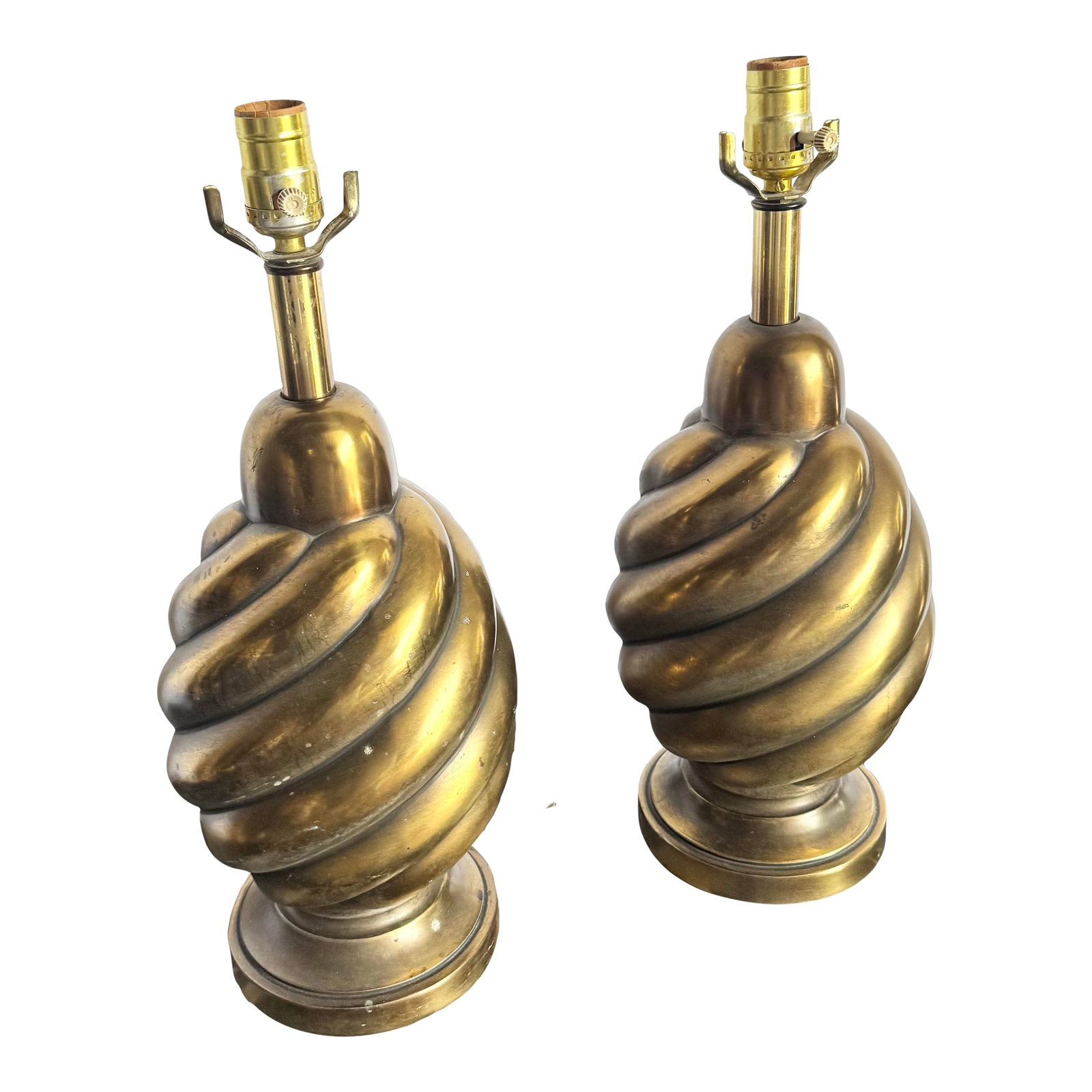 Vintage Westwood Industries Brass Swirl Beehive Table Lamps - A Pair: This pair of vintage brass table lamps by Westwood Industries showcases bold sculptural design with a striking swirl form. The heavy, rounded bases are crafted in a twisted motif, giving them a sense