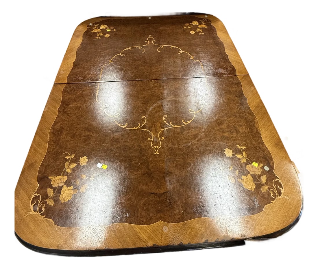 Walnut Burlwood Inlay Table 19th Century Rococo Revival: Gorgeous 19th Century Rococo Revival Walnut Burlwood Inlay Table, 4 Chairs and one leaf dining or hall table. Solid ebonized walnut base and walnut/burlwood gold inlay embellished with flowers. One of