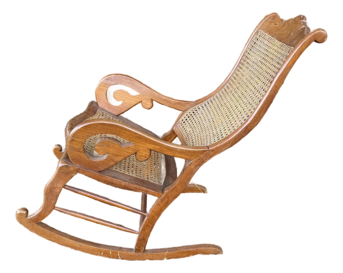 Late 19th Century Cane Back Tiger Maple Rocking Chair: Charming 12Late 19th Century Cane Back Tiger Maple Rocking Chair ready for relaxing on the deck or in the house. Condition: Alterations: Original Condition Unaltered Imperfections: Some Imperfections