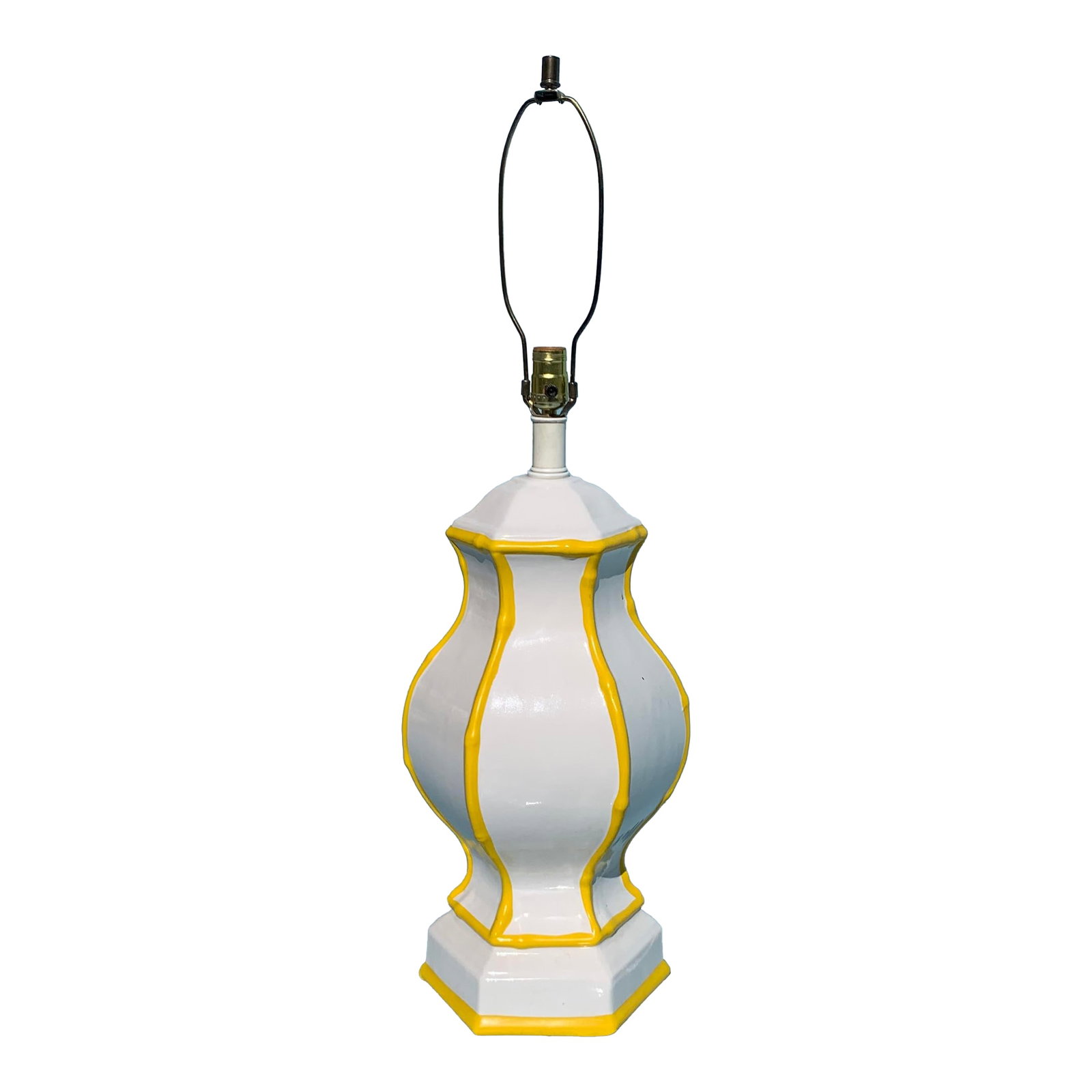 1960s Vintage Painted Ceramic Hexagonal Table Lamp: 1960s Vintage Ceramic Hexagonal Table Lamp painted white with yellow stripes. Condition: Alterations: Original Condition Unaltered Imperfections: Some Imperfections Condition Notes: Very good Origin: