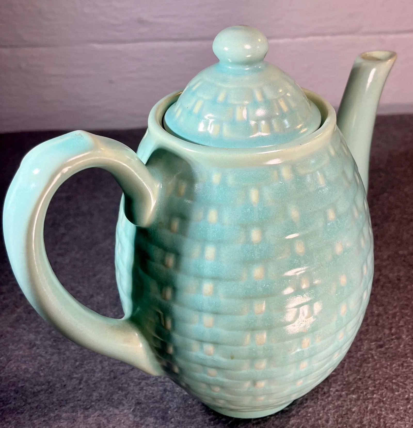 1930s Weller Pierre Basket Weave Art Pottery Lidded Tea Pot - 2