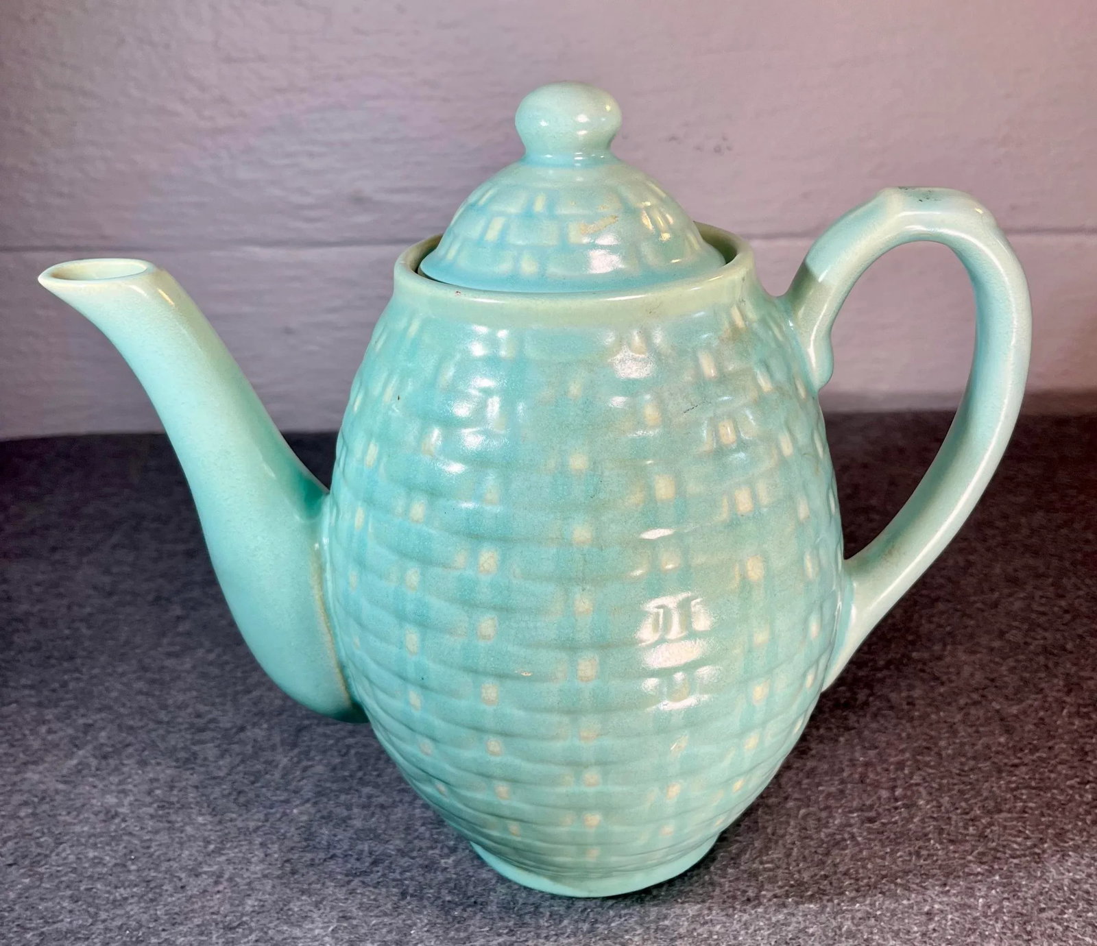 1930s Weller Pierre Basket Weave Art Pottery Lidded Tea Pot - 3