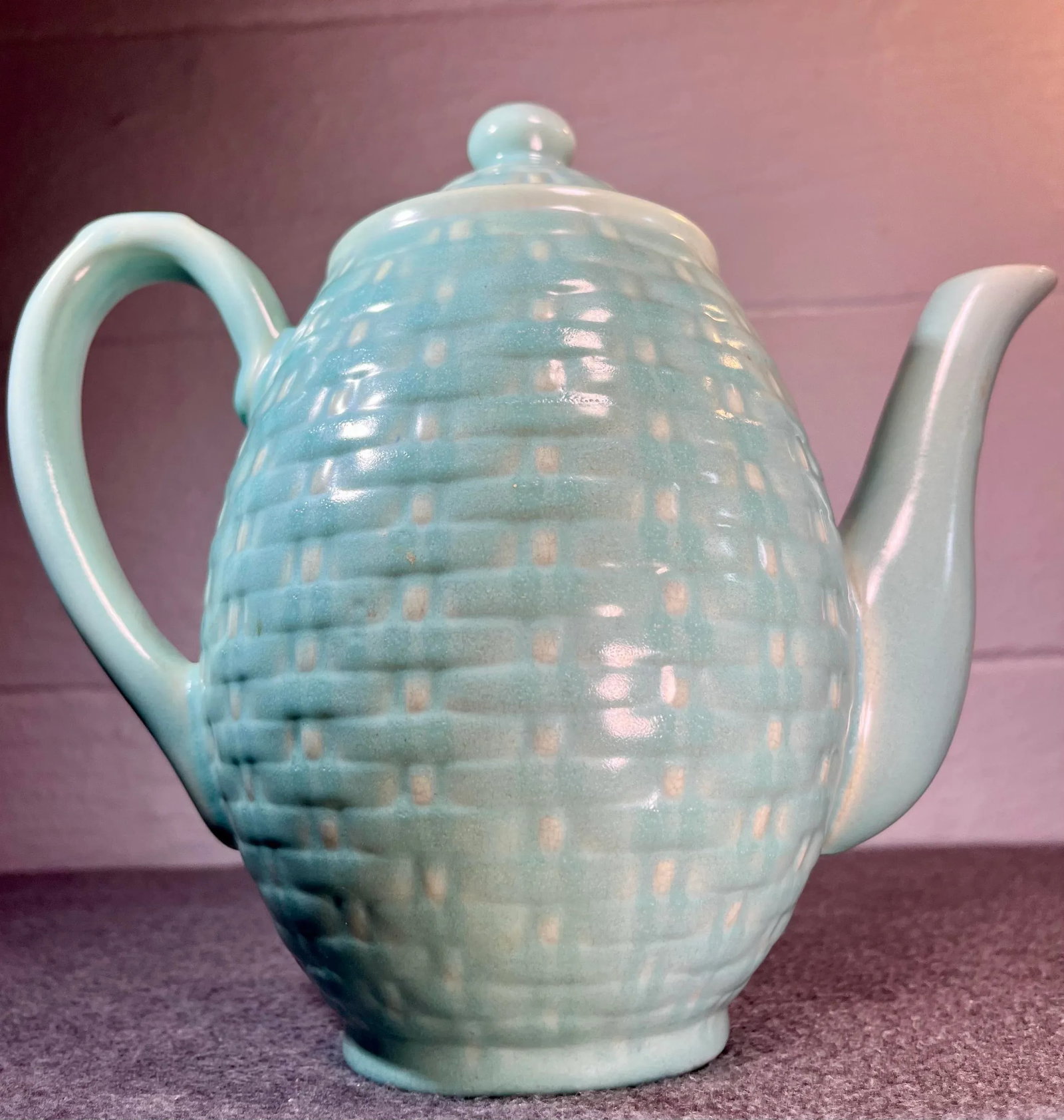 1930s Weller Pierre Basket Weave Art Pottery Lidded Tea Pot - 4