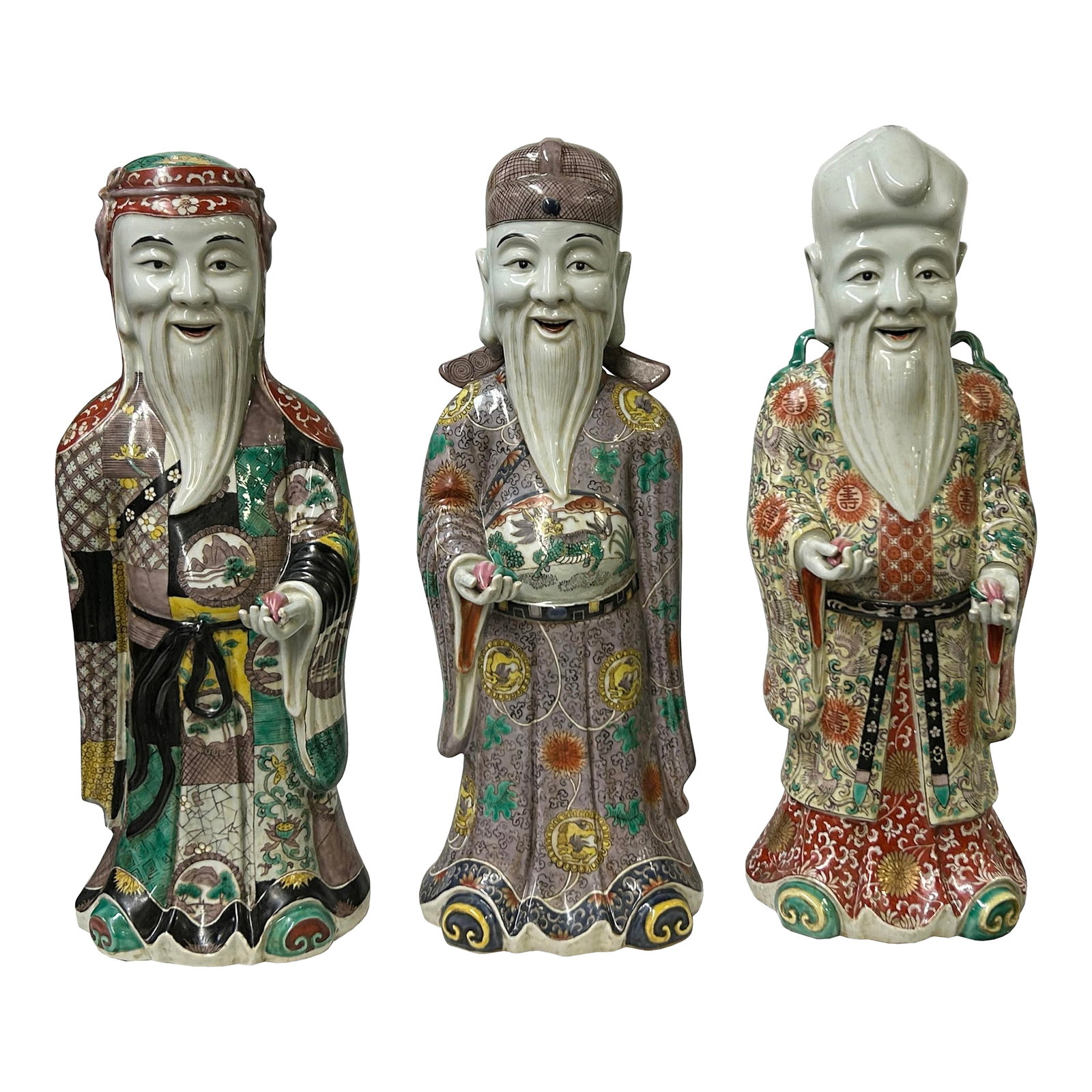 Chinese Canton Color Mixed Feng Shui Fok, Lok, Sau Figure Set: Bring prosperity, status, and longevity into your home with this stunning set of three Fu Lu Shou statues. Handcrafted with intricate detail, these statues depict the revered Chinese deities of luck, 