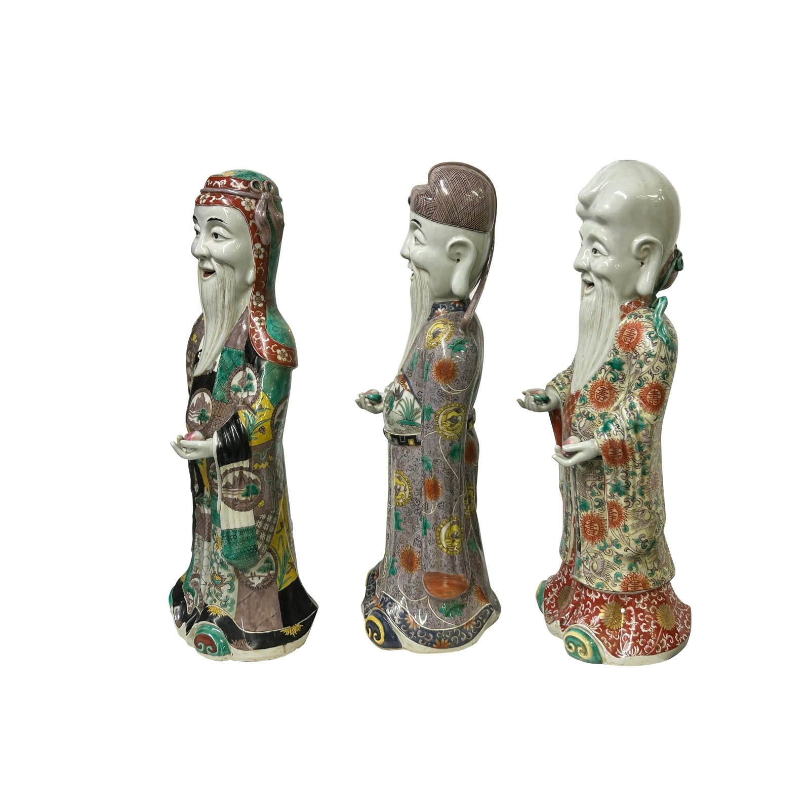 Chinese Canton Color Mixed Feng Shui Fok, Lok, Sau Figure Set - 2