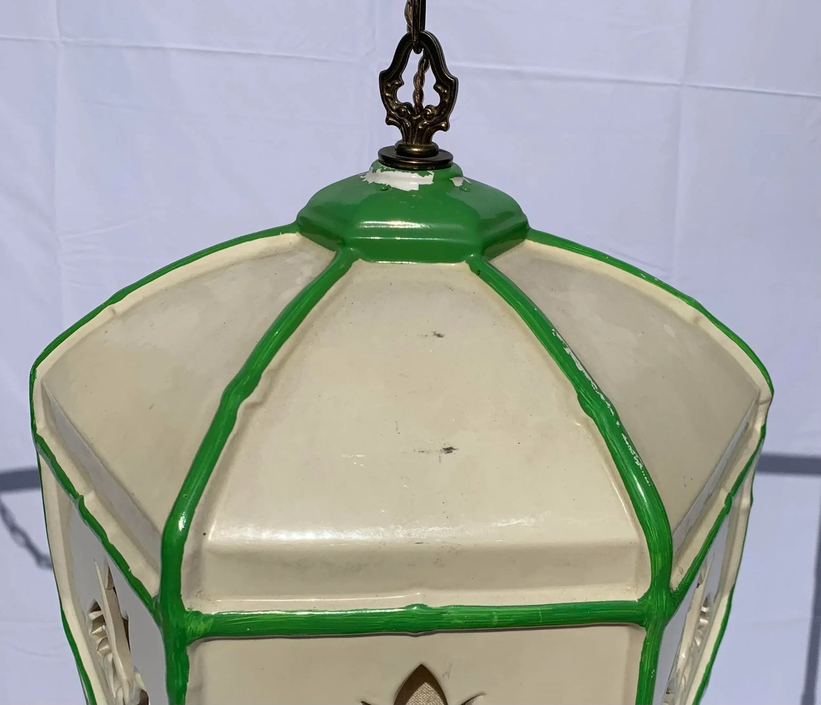 Mid 20th Century Mid-Century Green and White Ceramic Hanging Swag Lamp - 10