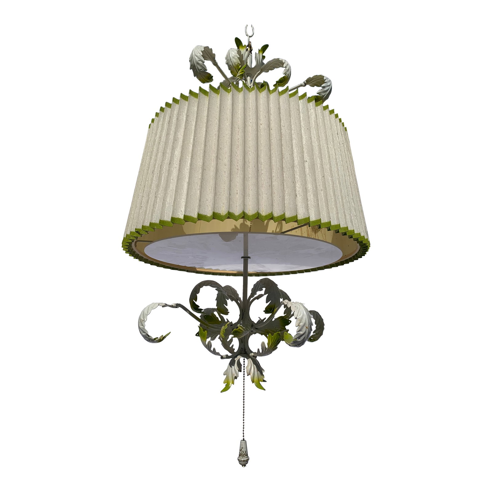 1960's Wrought Iron Stamped Steel Swag Lamp With Brass Chain: 1960's Wrought Iron Stamped Steel Swag Lamp With Brass Chain Pleated linen shade with lime green edge detail. Condition: Alterations: Original Condition Unaltered Imperfections: Some Imperfections Con