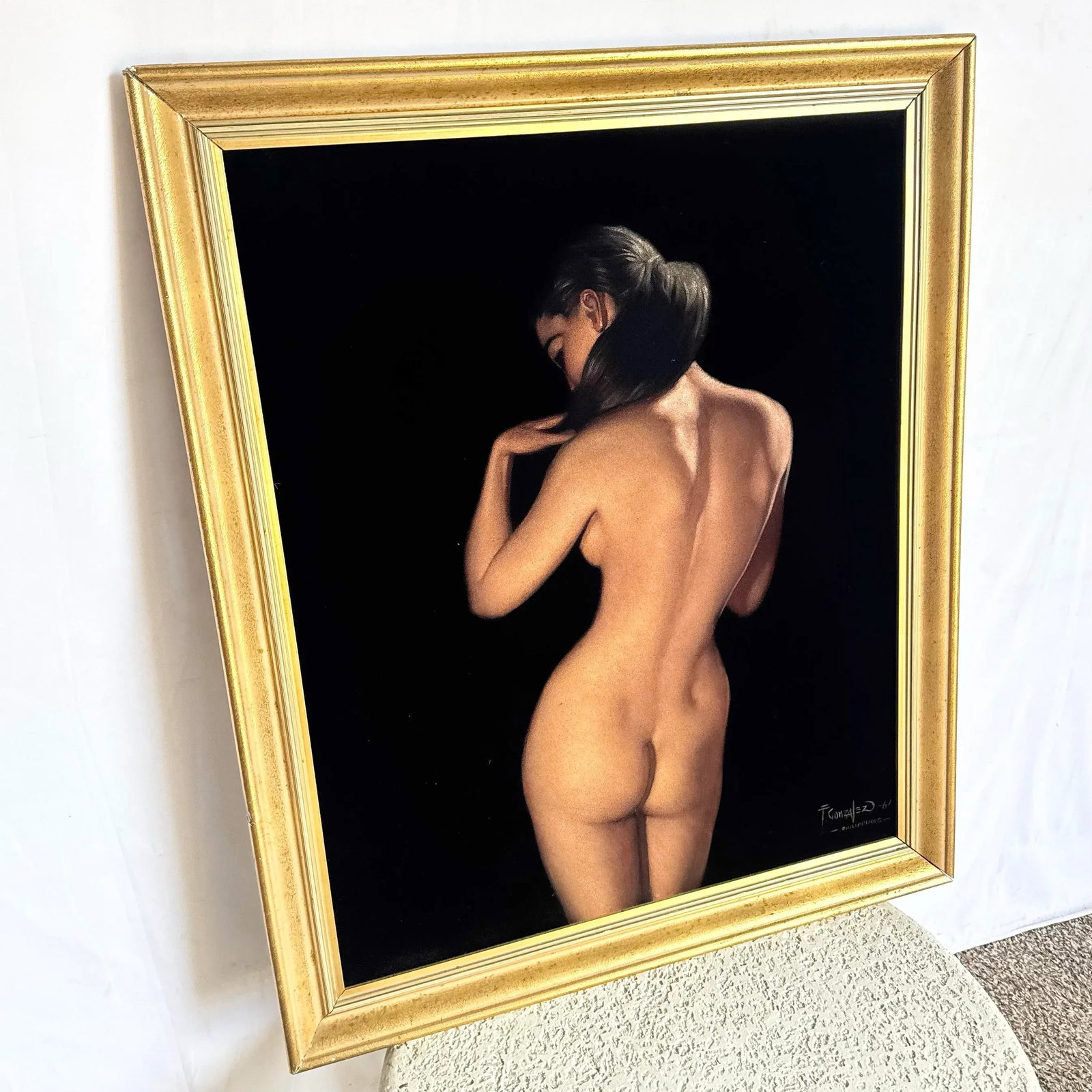 Framed Hand Painted Nude Woman on Black Velvet - 2