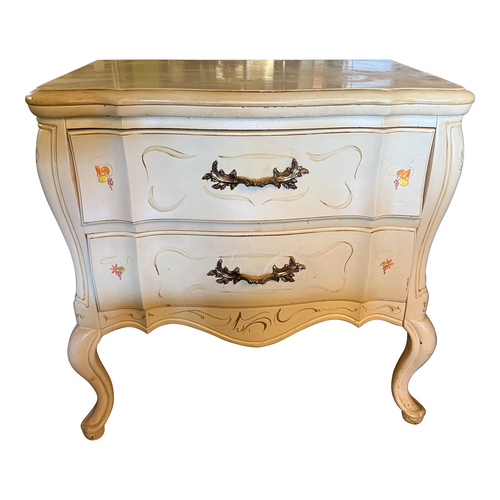 Vintage Hand Painted Charming Bombe Venetian Chest by Sanford Co.: Hand painted two drawer chest with brass handles ready for you home decor. Condition: Alterations: Original Condition Unaltered Imperfections: Some Imperfections Condition Notes: The dresser is solid