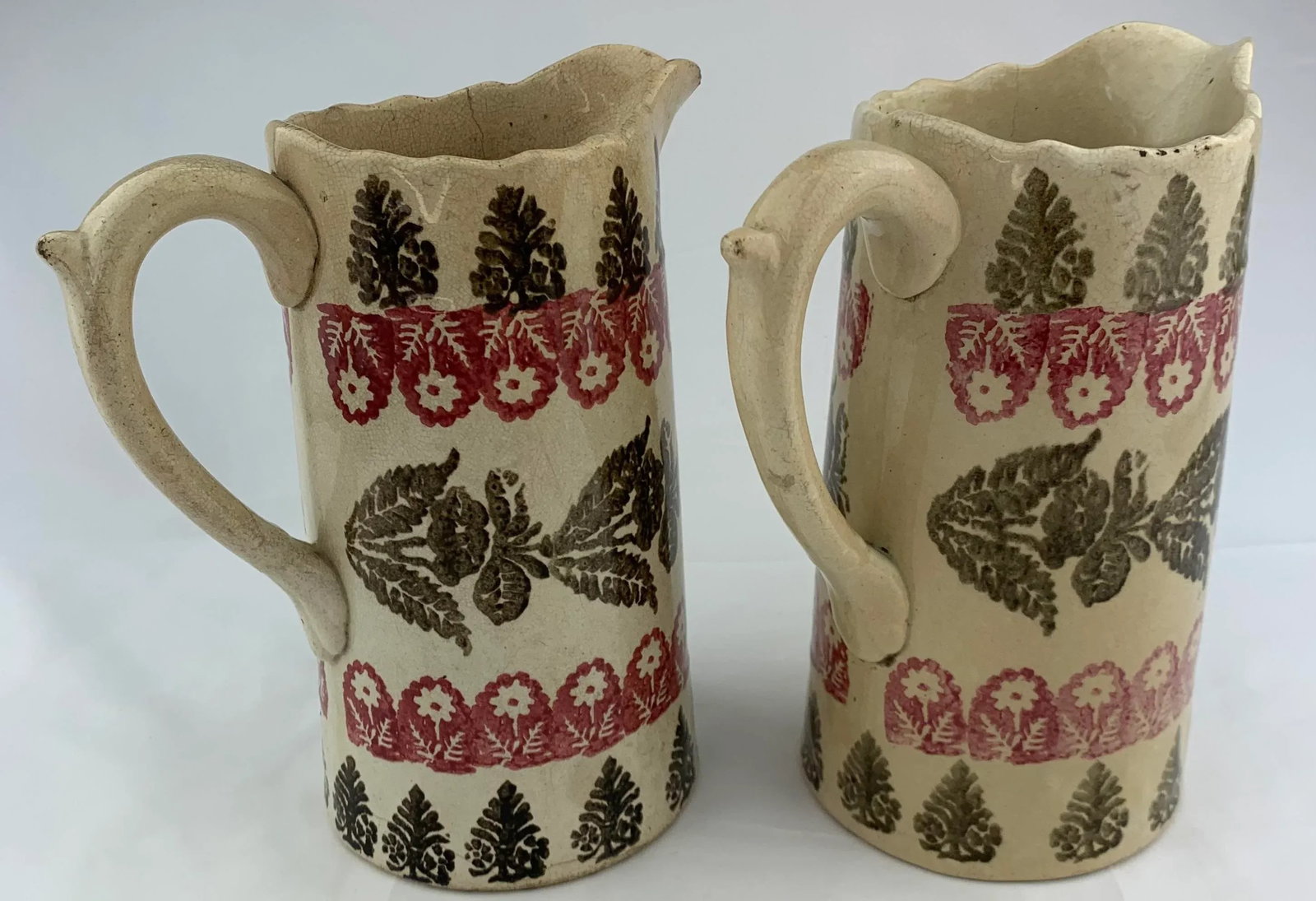 Antique Hand Painted Spongeware Pitchers - Set of 2 - 3