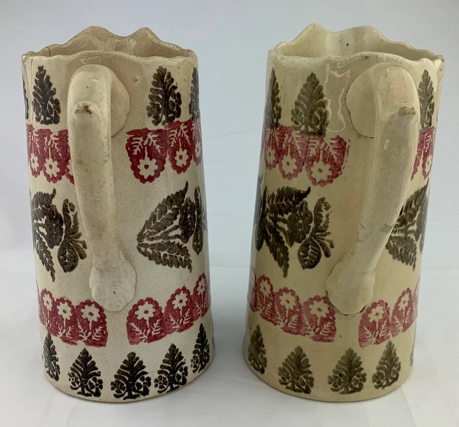 Antique Hand Painted Spongeware Pitchers - Set of 2 - 4