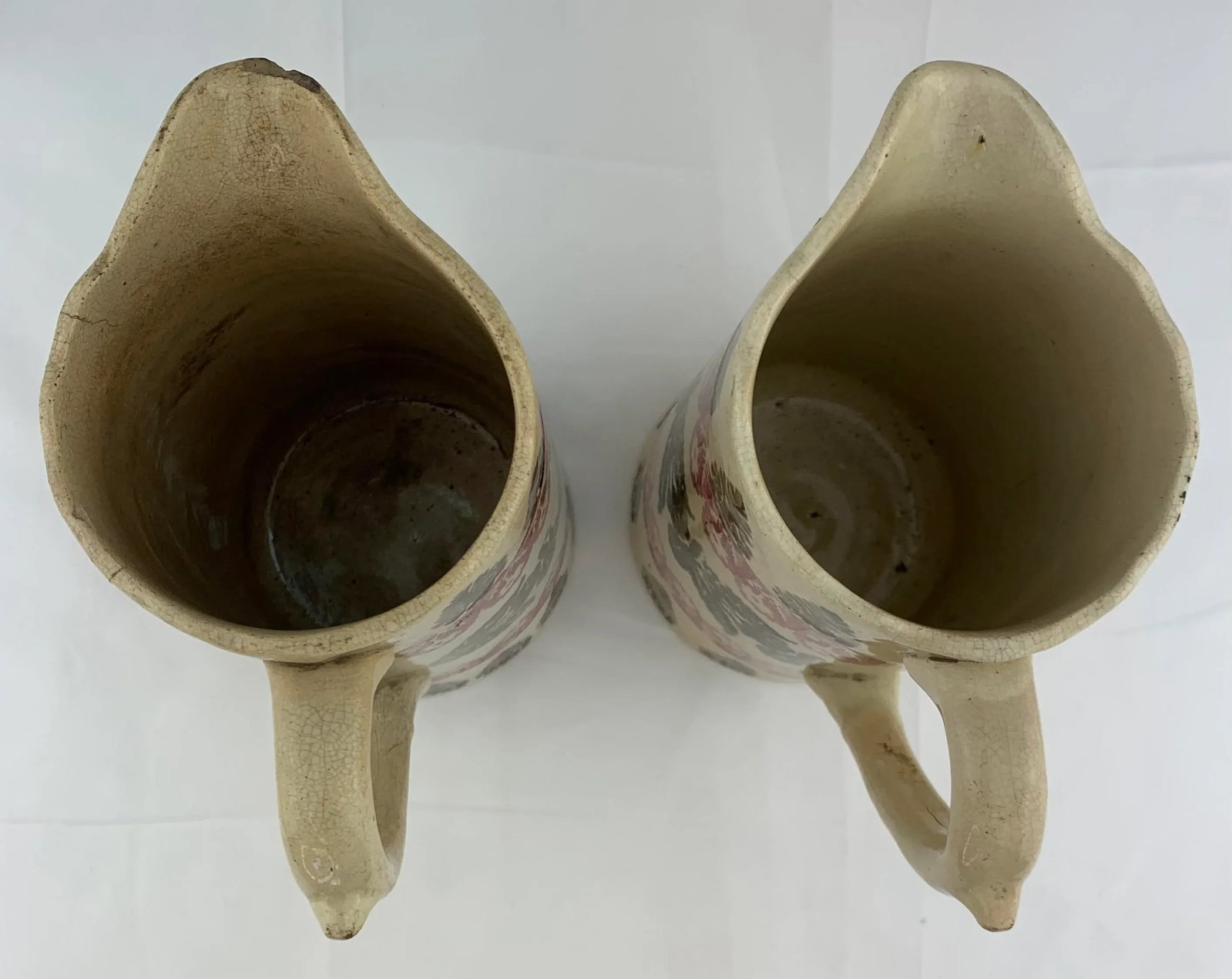 Antique Hand Painted Spongeware Pitchers - Set of 2 - 6