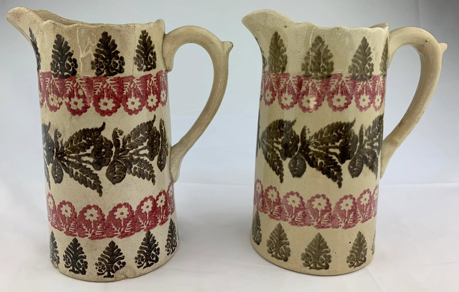 Antique Hand Painted Spongeware Pitchers - Set of 2 - 8