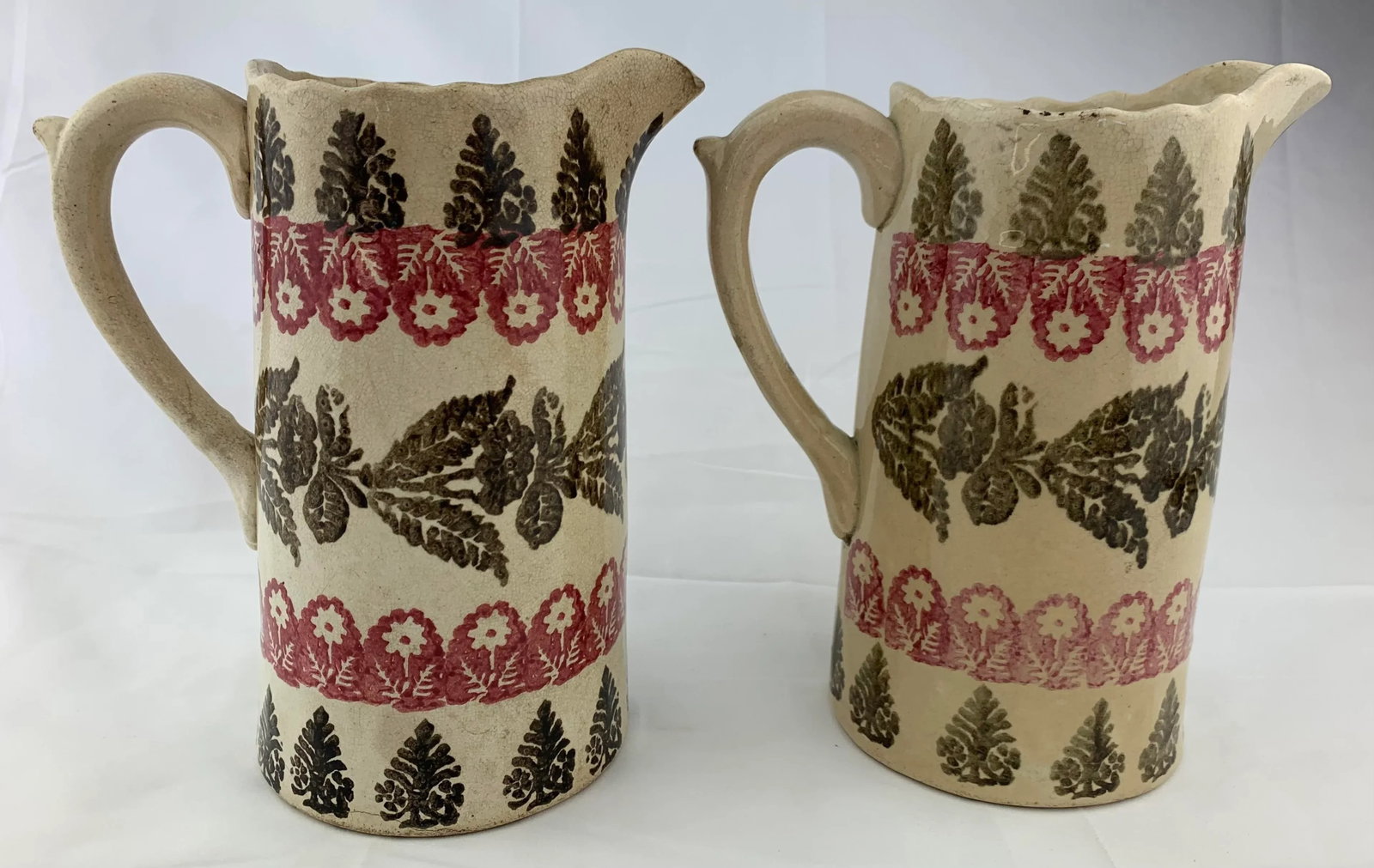 Antique Hand Painted Spongeware Pitchers - Set of 2 - 9