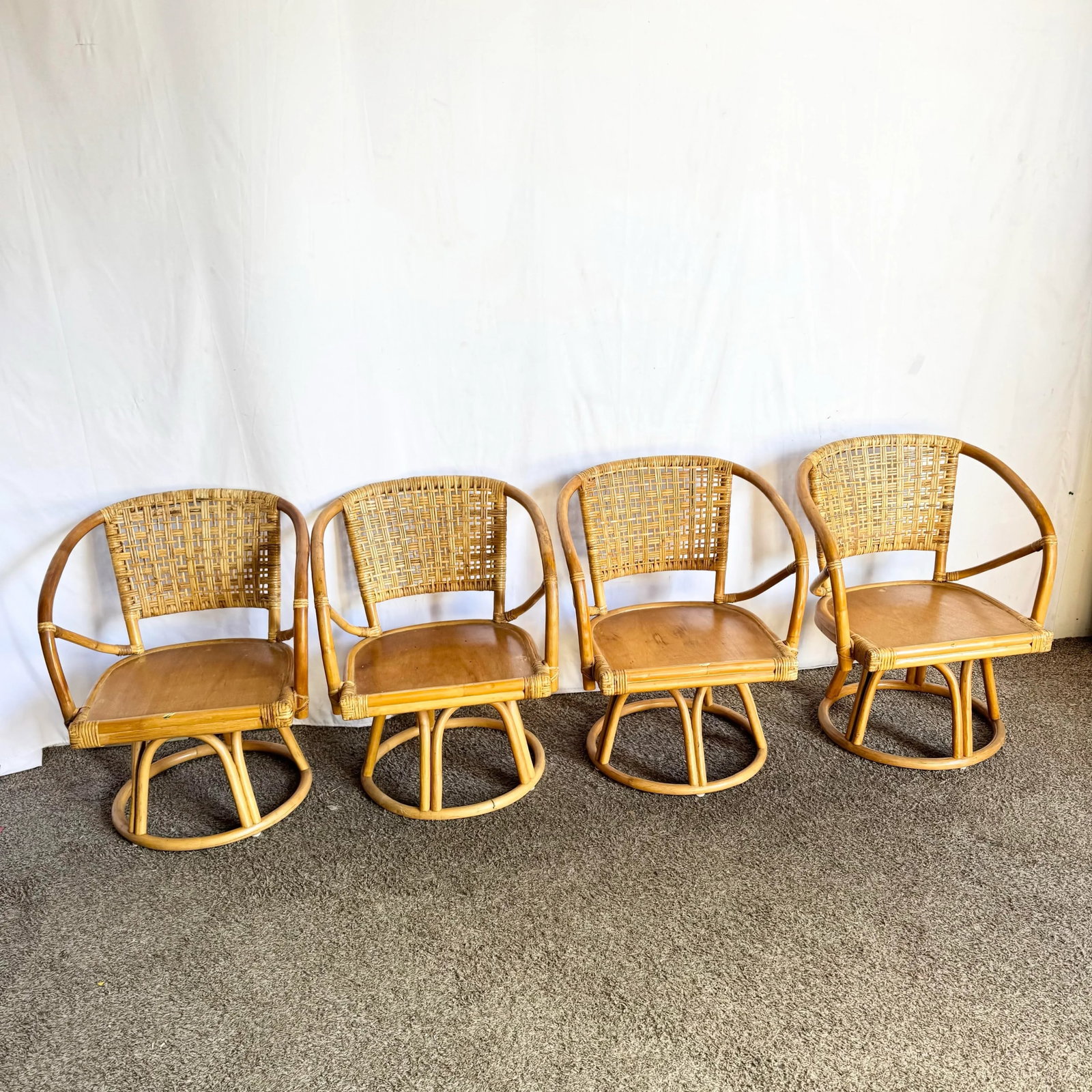 Boho Chic Rattan Wicker Swivel Arm Dining Chairs - Set of 4 - 4