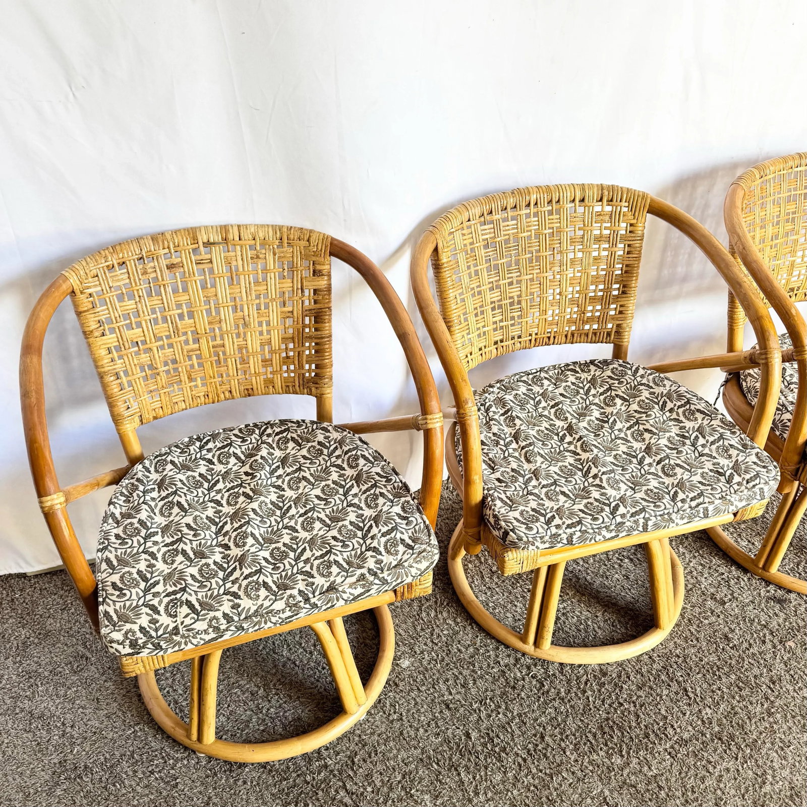 Boho Chic Rattan Wicker Swivel Arm Dining Chairs - Set of 4 - 7