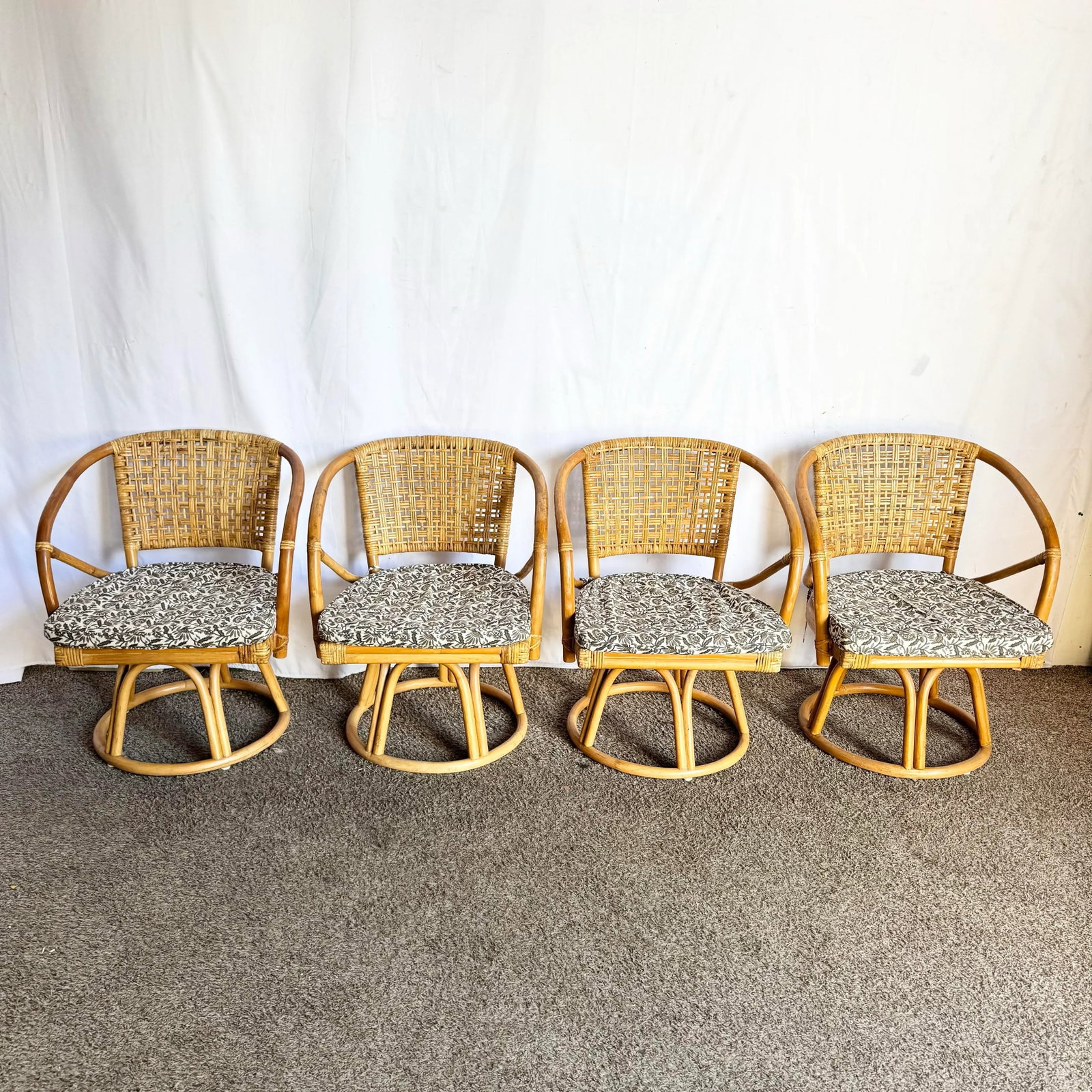 Boho Chic Rattan Wicker Swivel Arm Dining Chairs - Set of 4 - 9