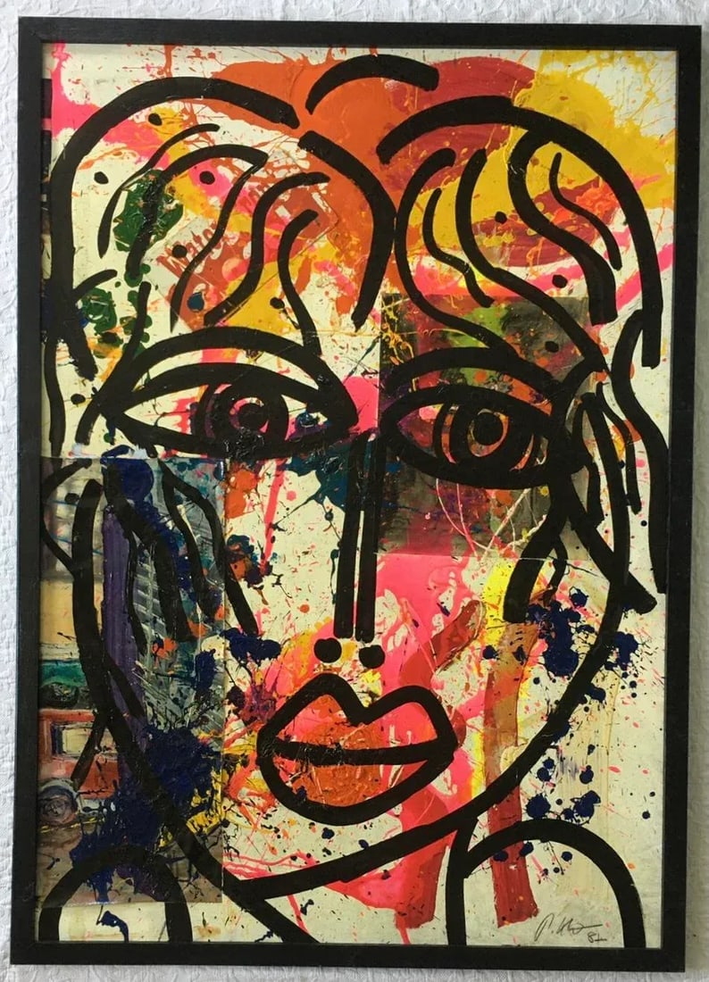 1980s Abstract Face Mixed-Media Painting by Peter Keil, Framed - 9
