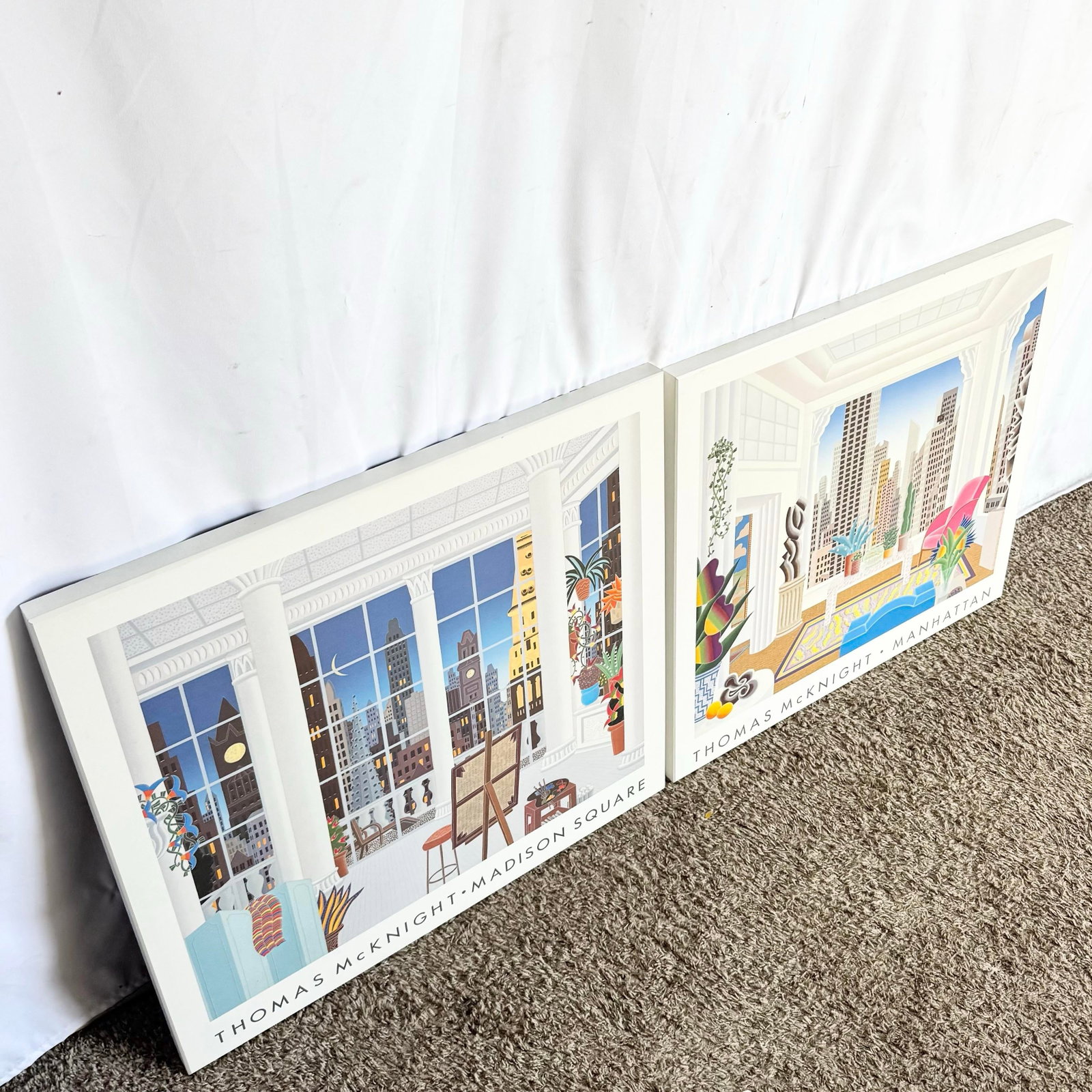 Vintage Thomas McKnight Madison Square and Manhattan Prints on Wood Bard Frame - Two Pieces - 6