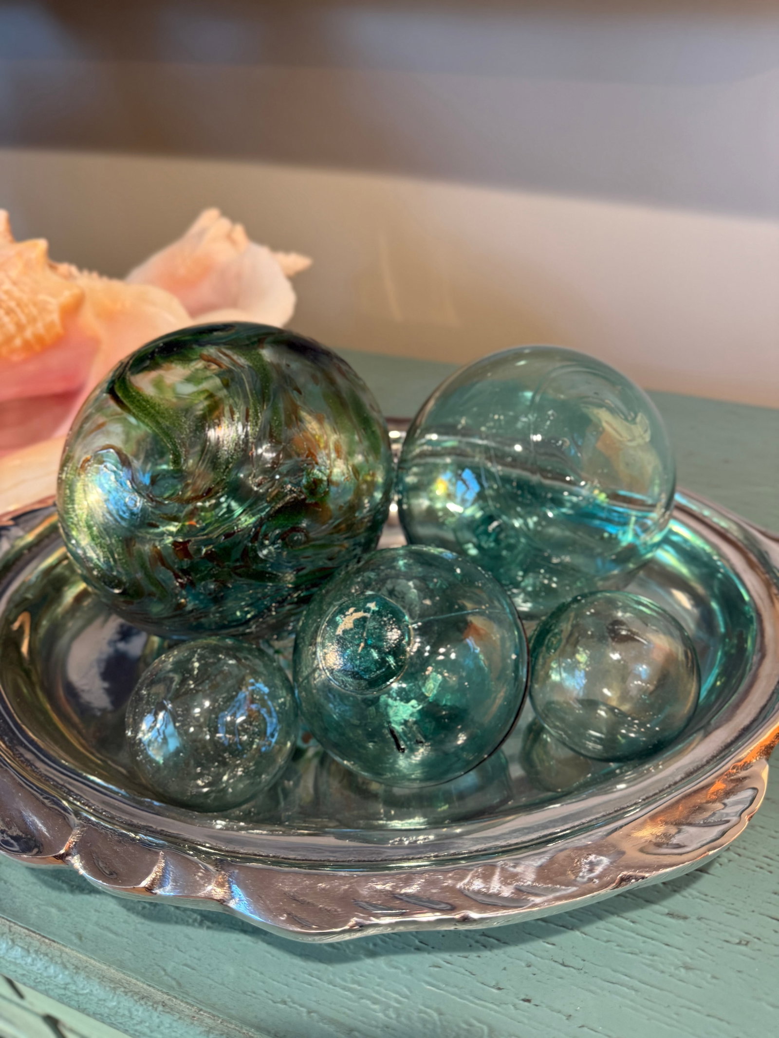 Vintage Glass Decor Fishing Floats Balls With 2001 Custom Art Glass Oregon Float Set of 5 - 9