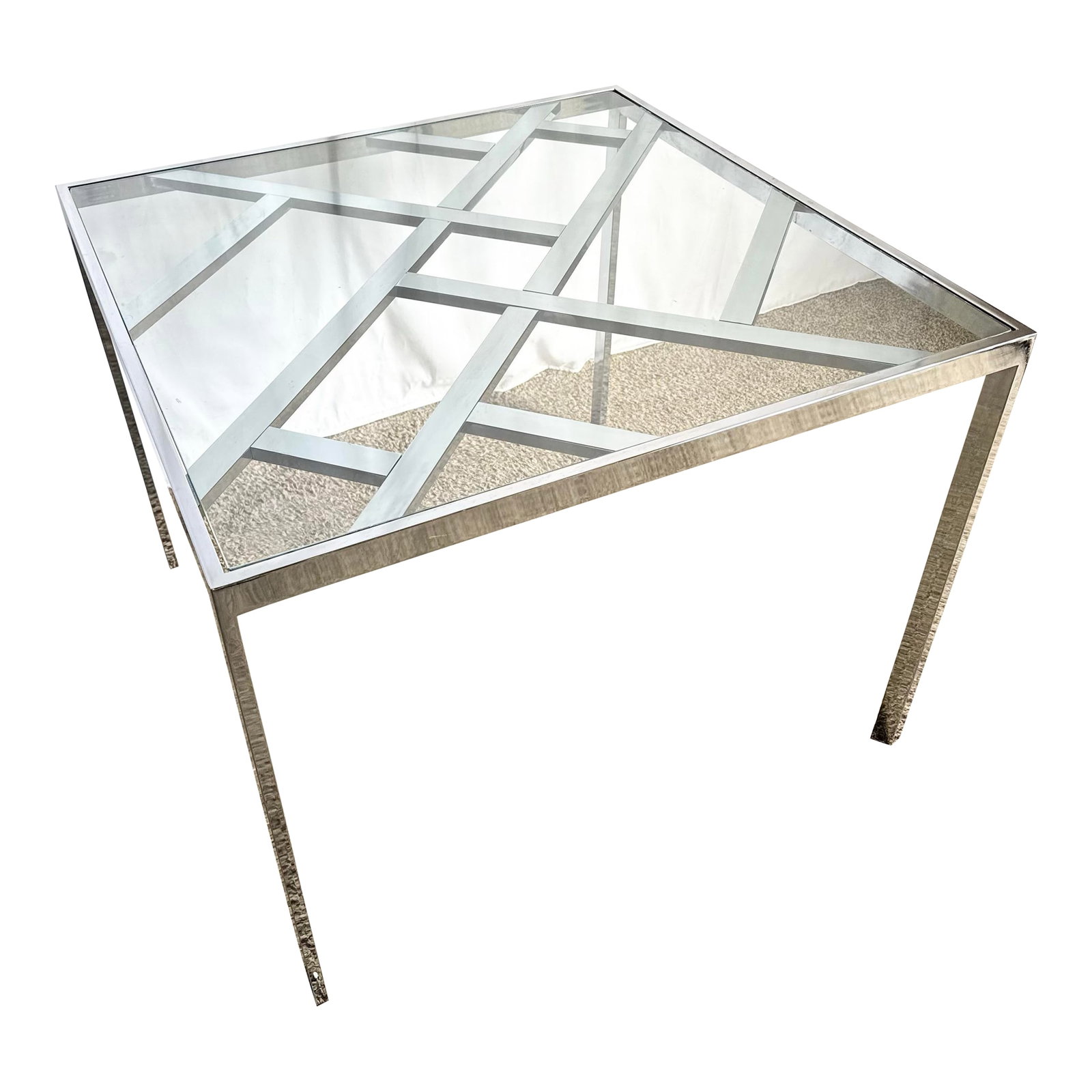 Mid Century Modern Lattice Chrome Inlaid Glass Top Dining/Card Table: A striking Mid Century Modern table featuring a geometric chrome lattice base beneath a clear glass top. The sleek, reflective chrome frame captures the era's minimalist elegance, while the