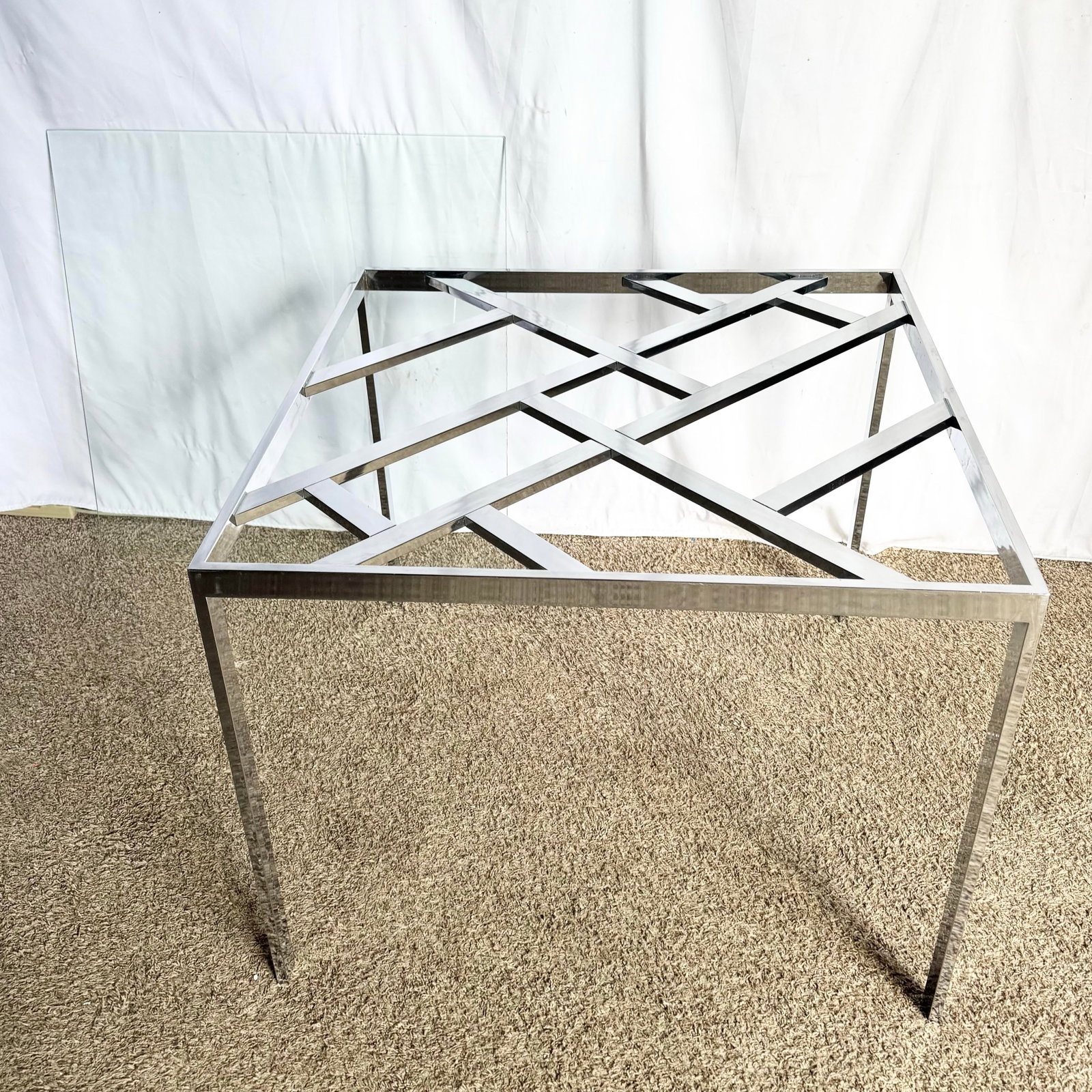 Mid Century Modern Lattice Chrome Inlaid Glass Top Dining/Card Table - 2
