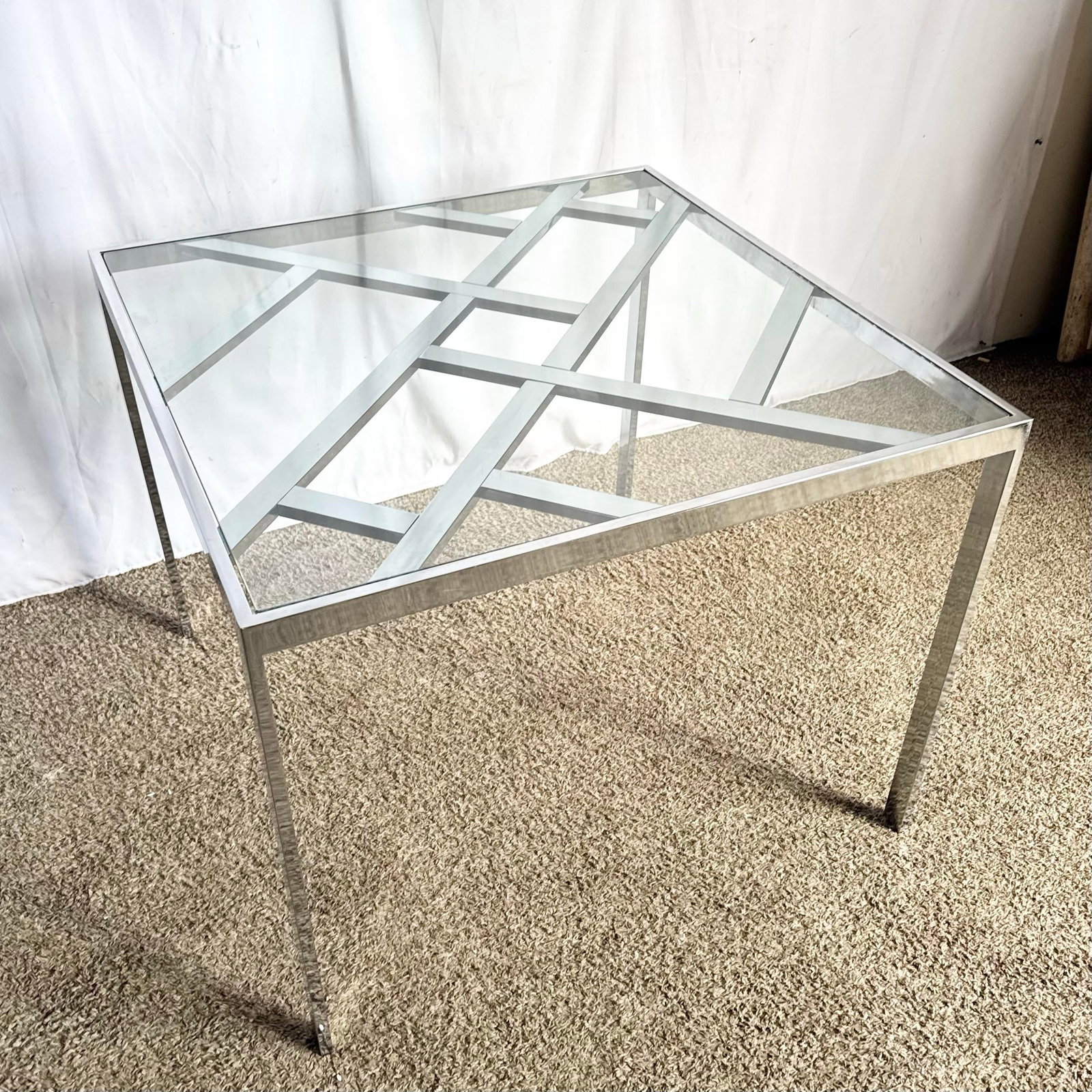 Mid Century Modern Lattice Chrome Inlaid Glass Top Dining/Card Table - 3