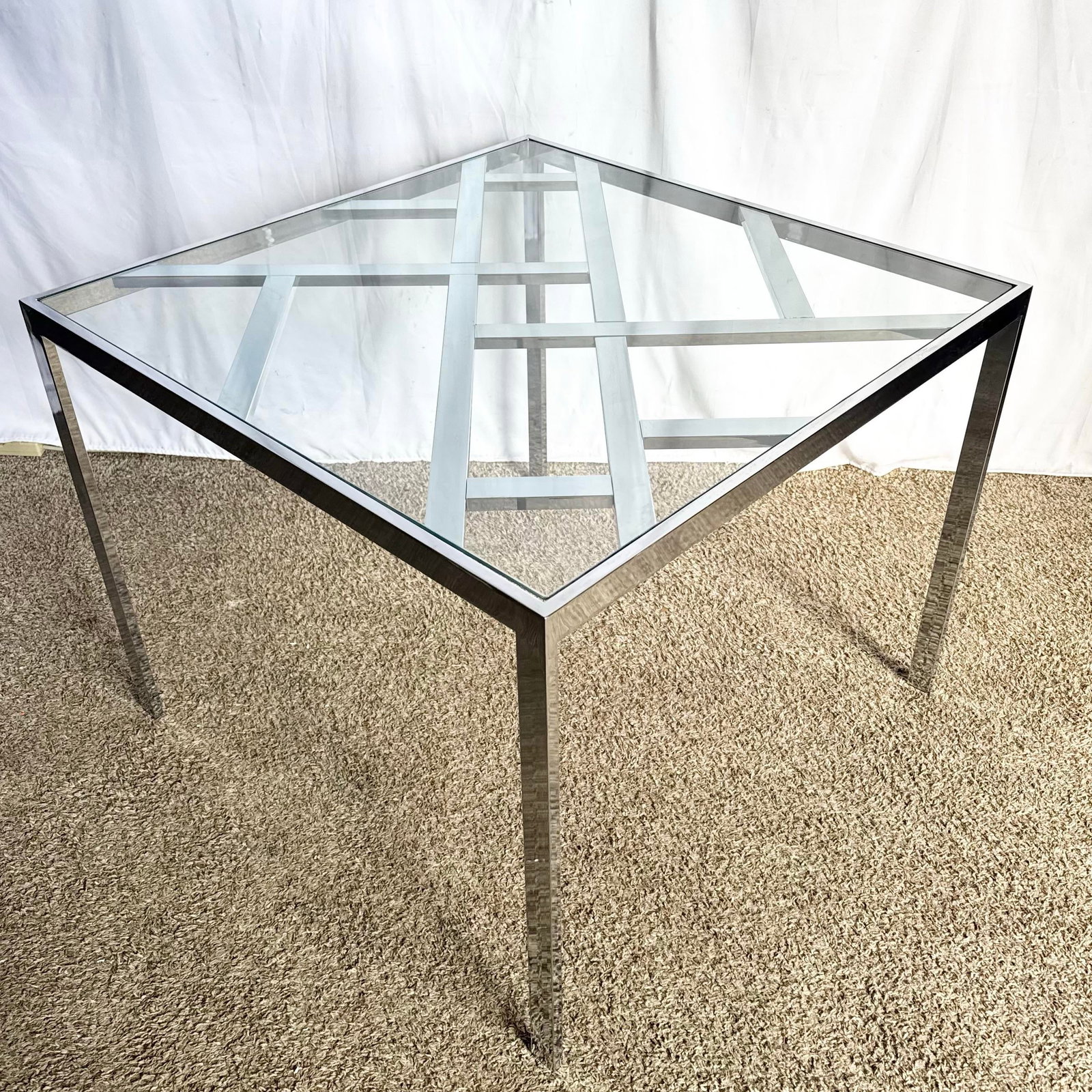 Mid Century Modern Lattice Chrome Inlaid Glass Top Dining/Card Table - 4