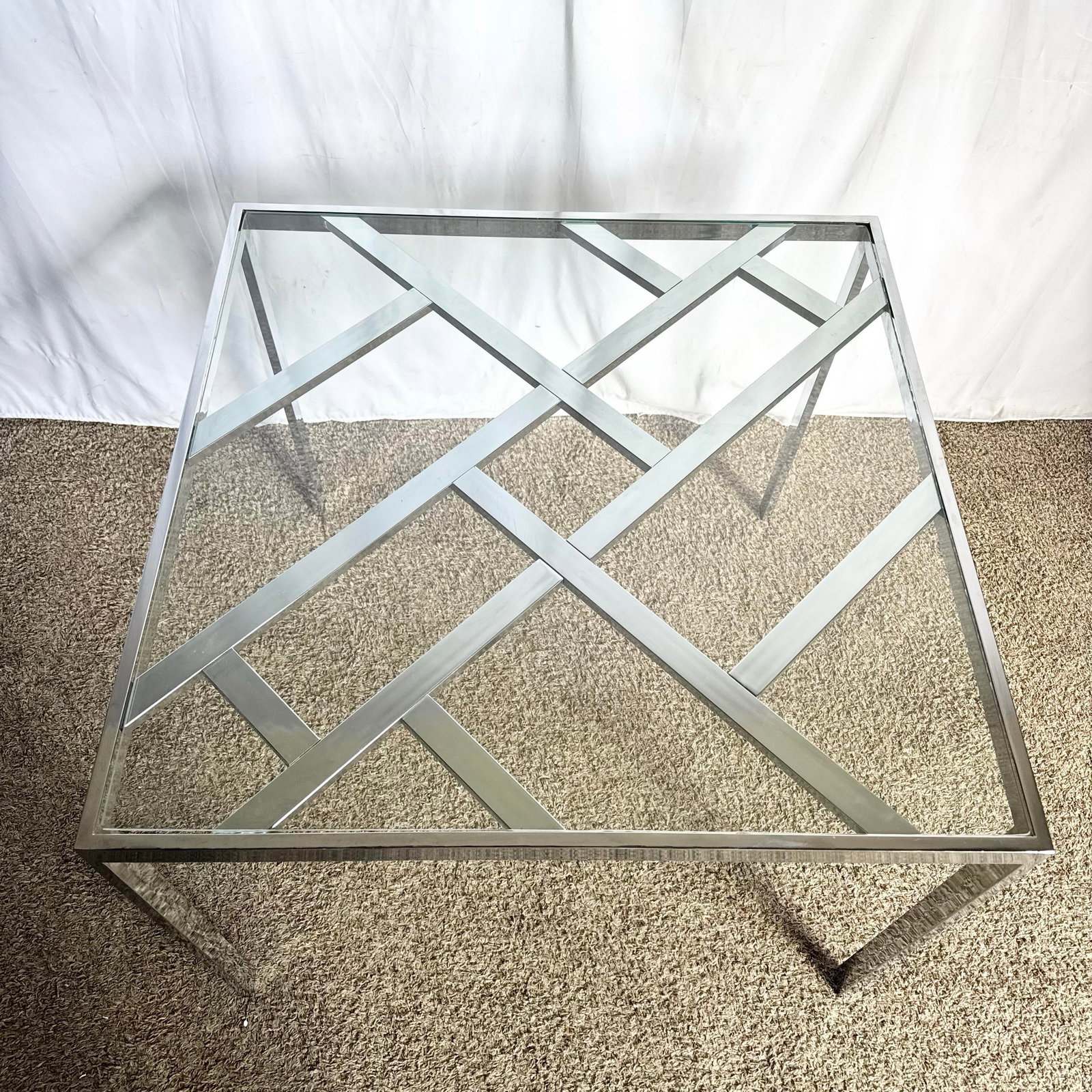 Mid Century Modern Lattice Chrome Inlaid Glass Top Dining/Card Table - 6