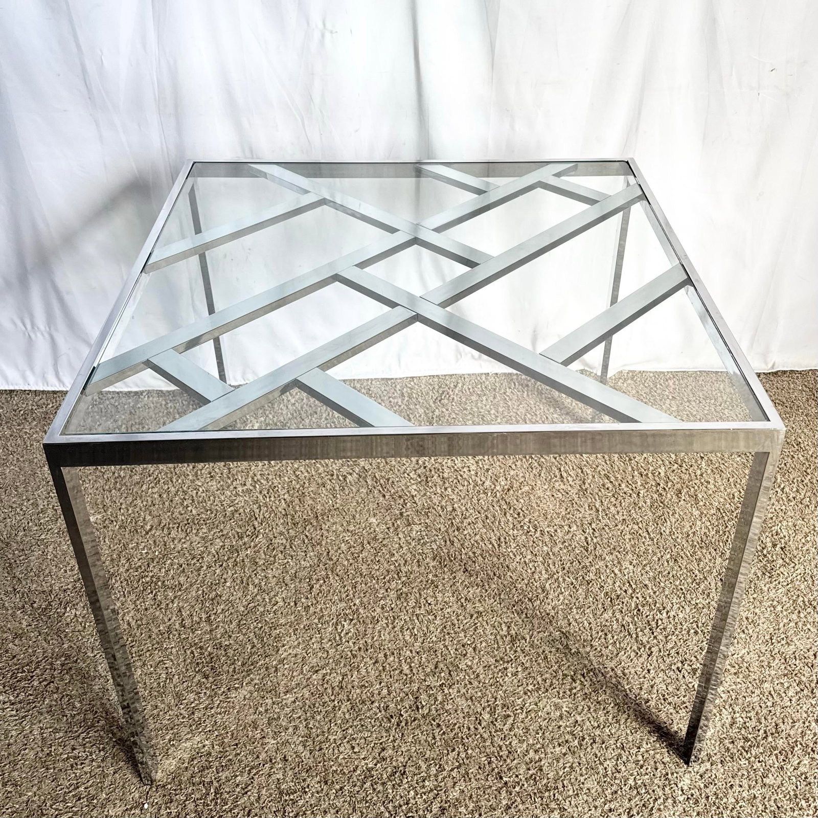 Mid Century Modern Lattice Chrome Inlaid Glass Top Dining/Card Table - 8