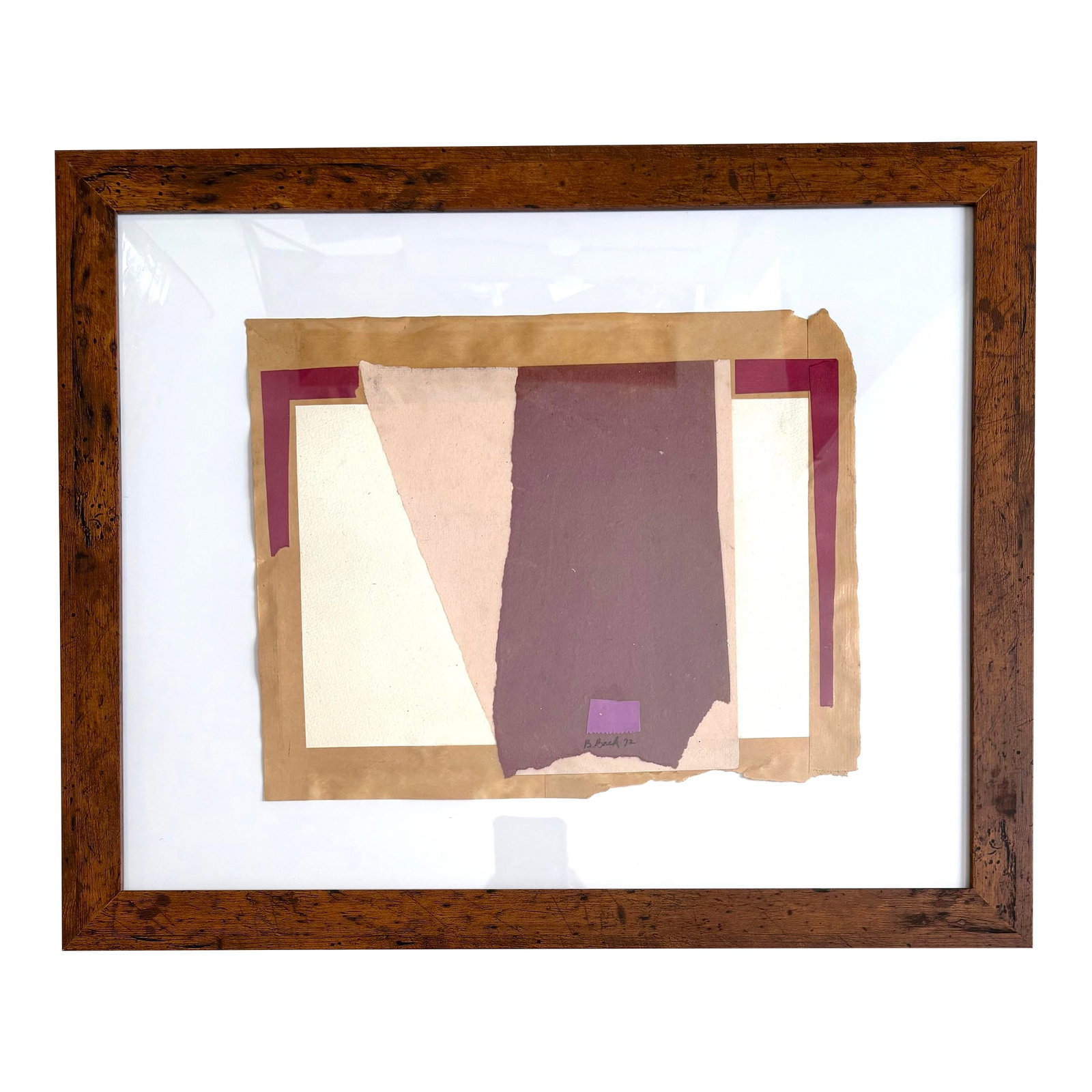 Barbara Beck 1972 Paper Collage Purple, Pink and Tan: Mid-century Barbara Beck paper collage 1972 in new wood frame. Art work 14" x 11" Condition: Alterations: Original Condition Unaltered Imperfections: Some Imperfections Condition Notes: Excellent