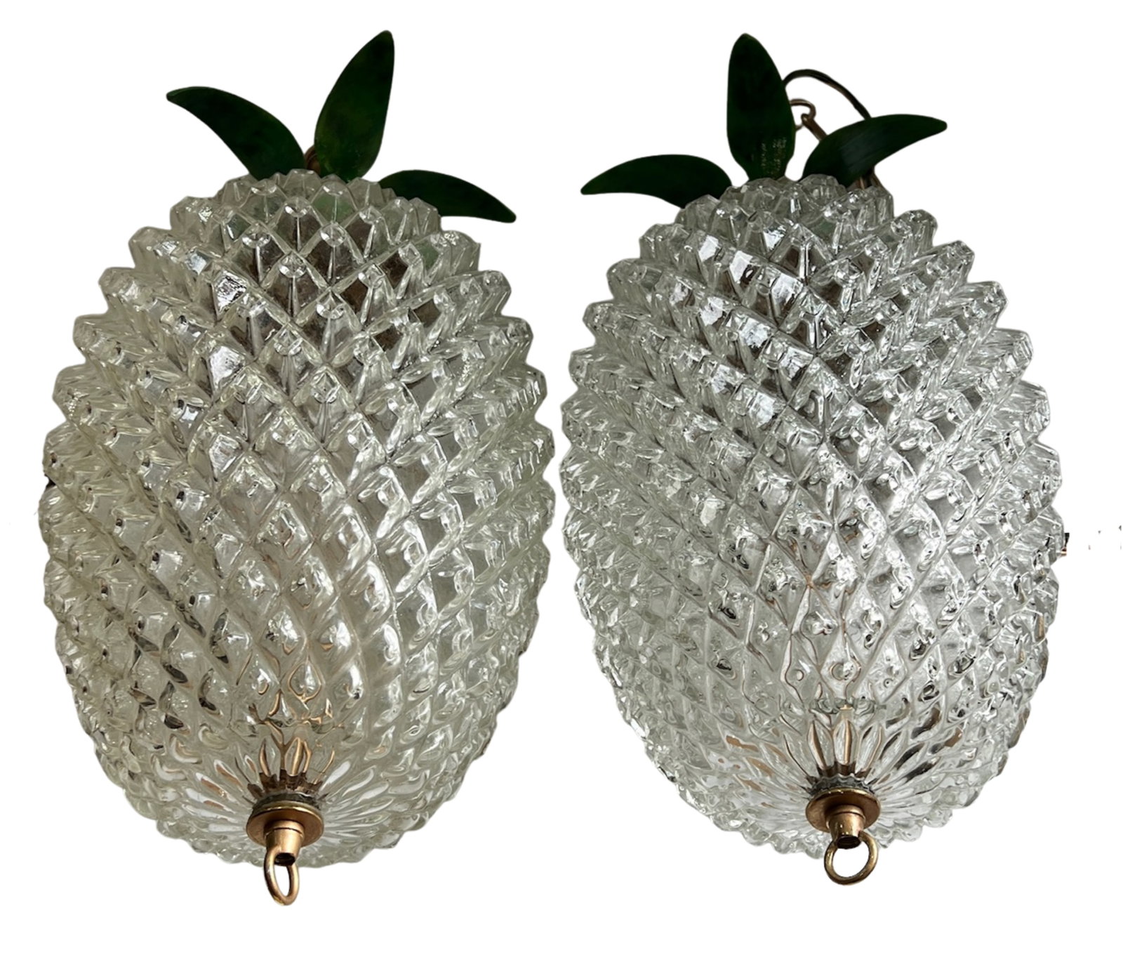 Vintage Clear Textured Glass Pineapple Pendant Lights Green Metal Leaves- A Pair - 13