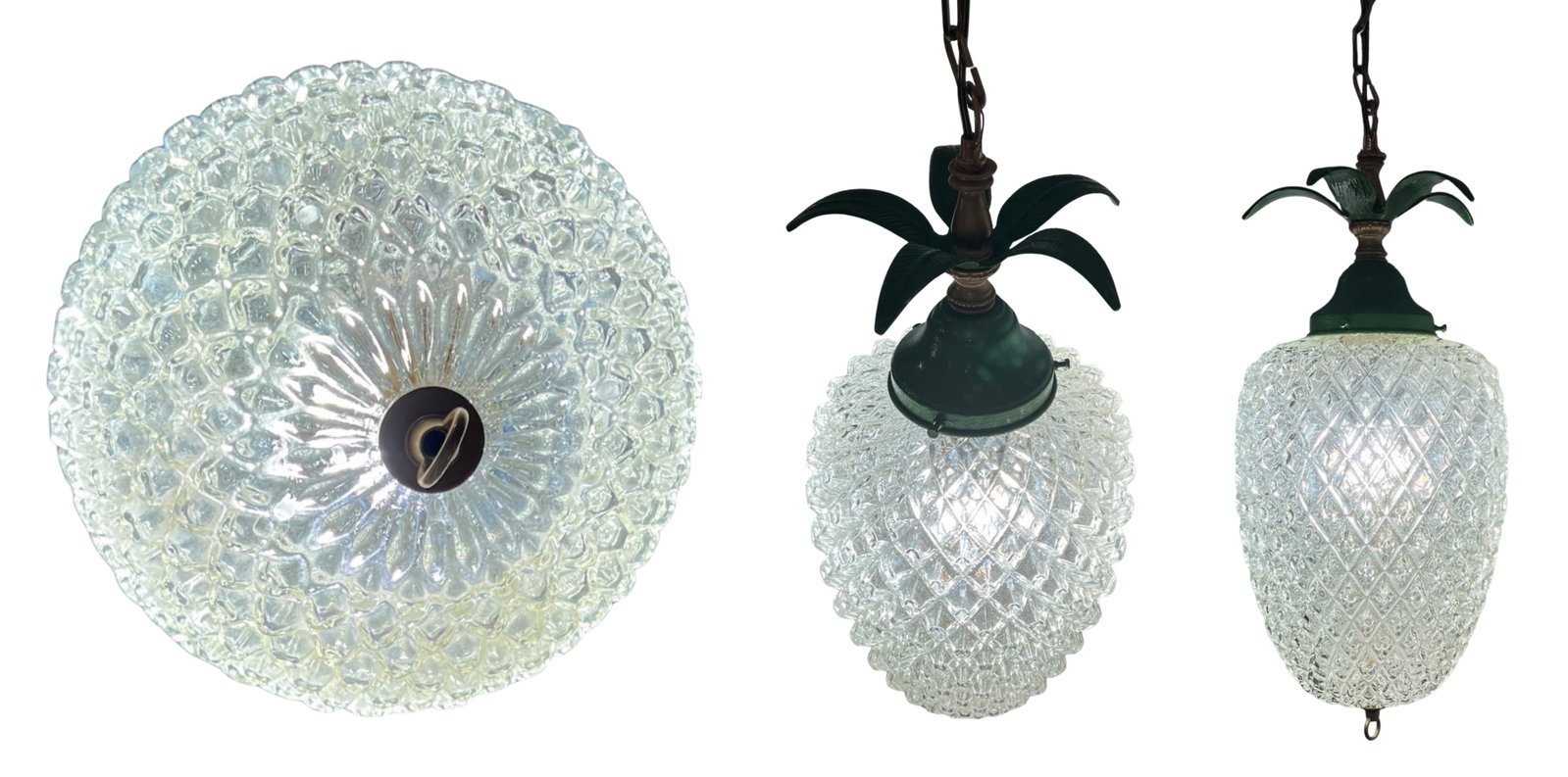 Vintage Clear Textured Glass Pineapple Pendant Lights Green Metal Leaves- A Pair - 16