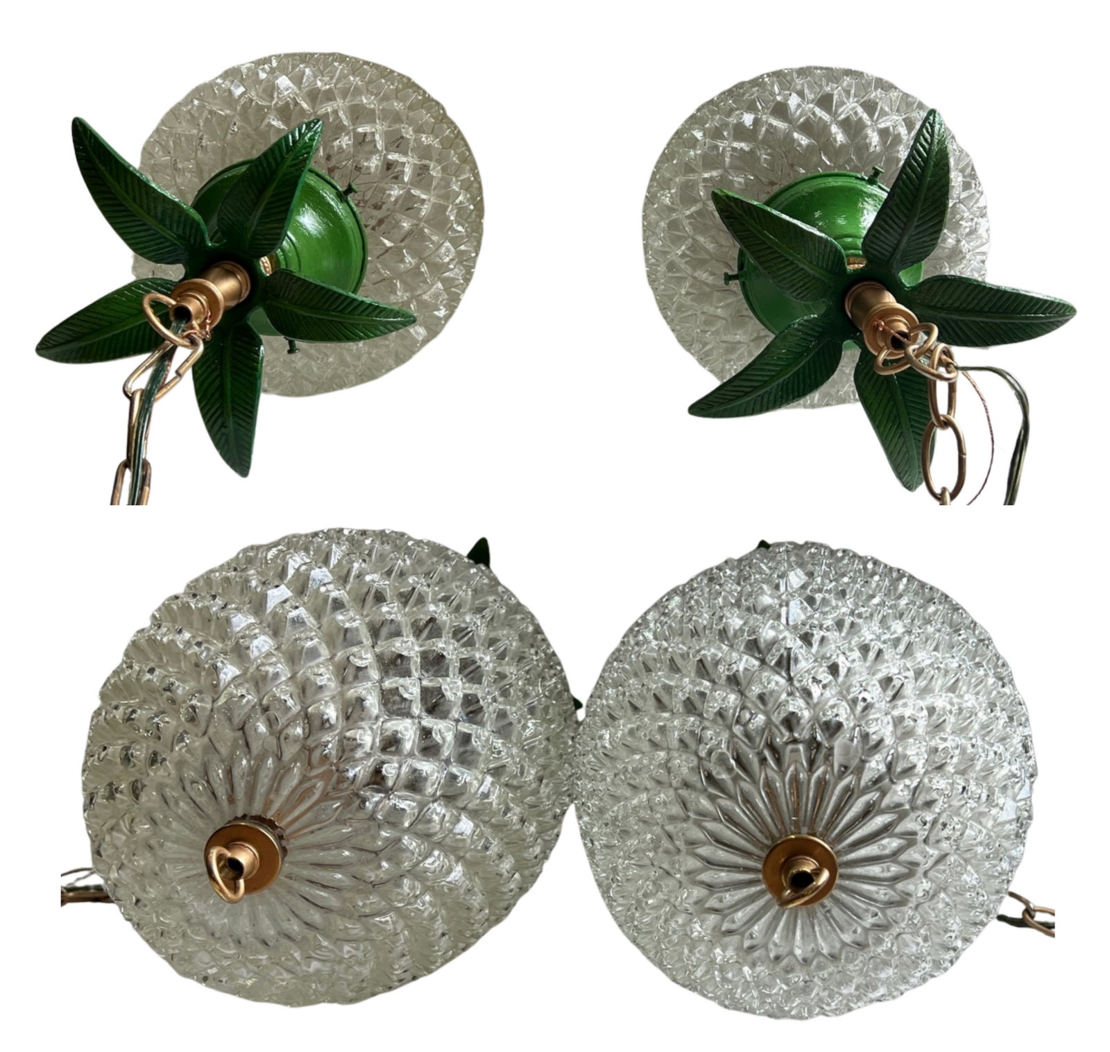 Vintage Clear Textured Glass Pineapple Pendant Lights Green Metal Leaves- A Pair - 17