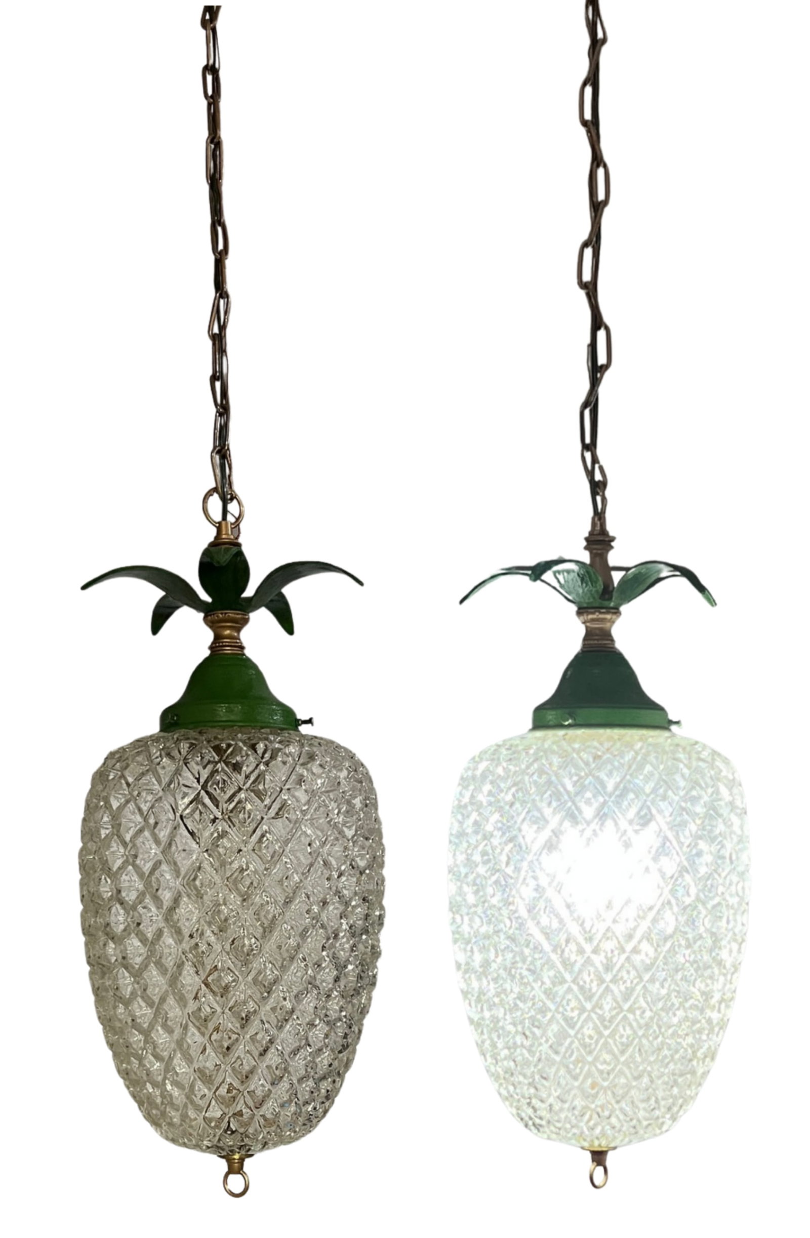 Vintage Clear Textured Glass Pineapple Pendant Lights Green Metal Leaves- A Pair - 9