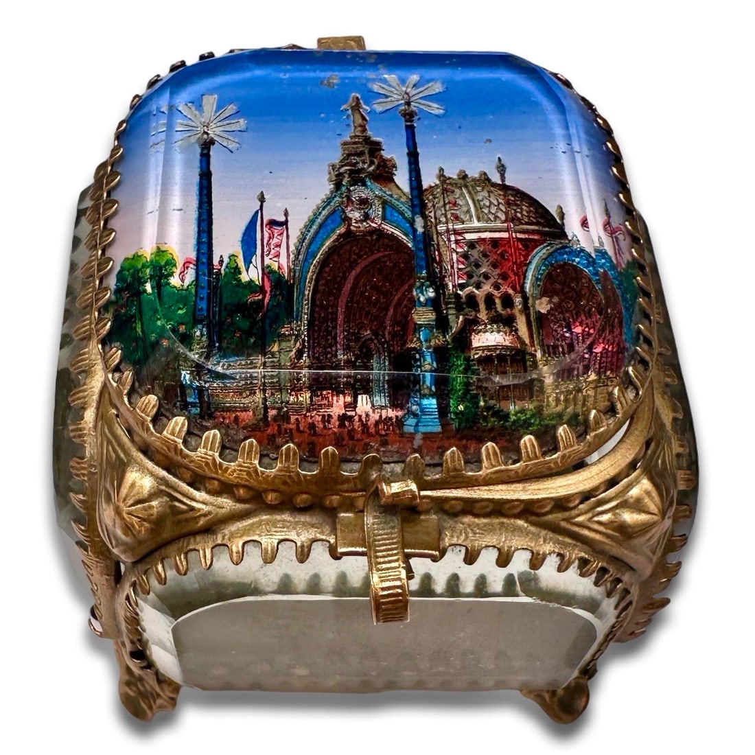 1900 Antique Paris Exposition Ormolu, Beveled Glass Souvenir Jewelry Box, Belle Époque French - 9