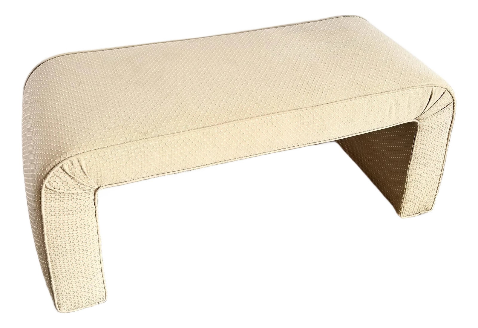 Vintage Postmodern Waterfall Fabric Bench: A graceful study in soft curves and sculptural simplicity, this vintage postmodern waterfall bench brings a refined presence to any interior. Fully upholstered in a textured neutral fabric, its seamle