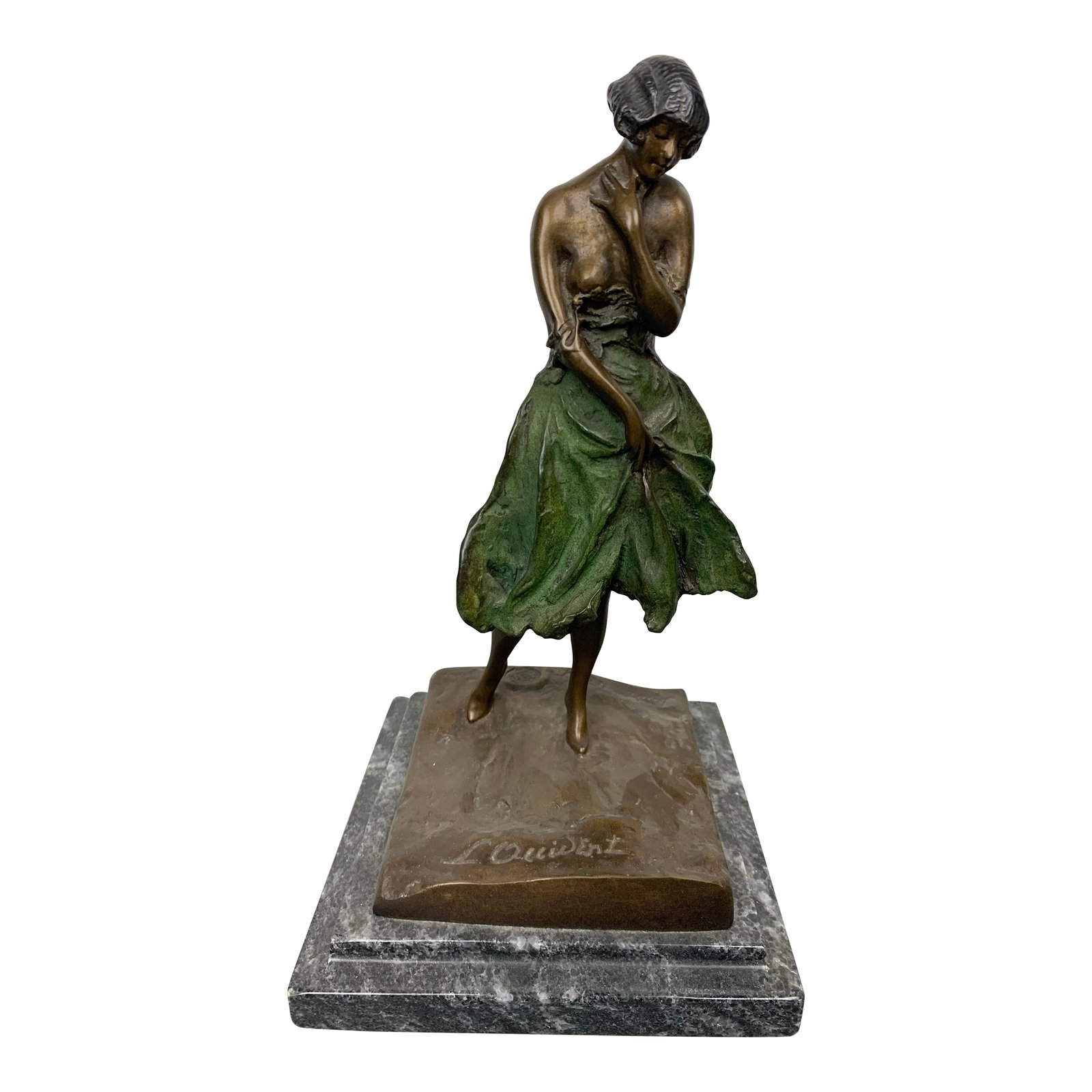 Art Deco French Bronze Statue: Art Deco French Bronze Statue "L Accident" inspired by the etchings of Louis Icart. Mounted on green marble base. From the collection of Bob and Dolores Hope from their estate located in Toluca Lake,