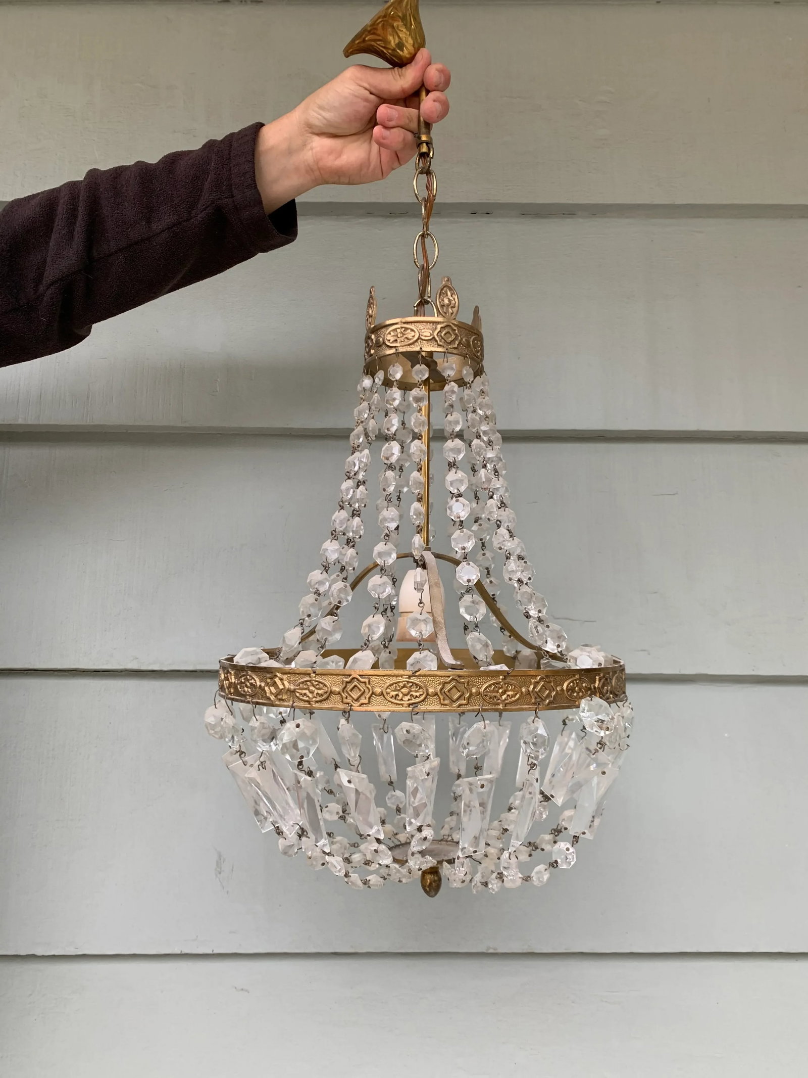 Vintage Late 20th Century Single Socket Brass Chandelier With Crystal Drops - 8